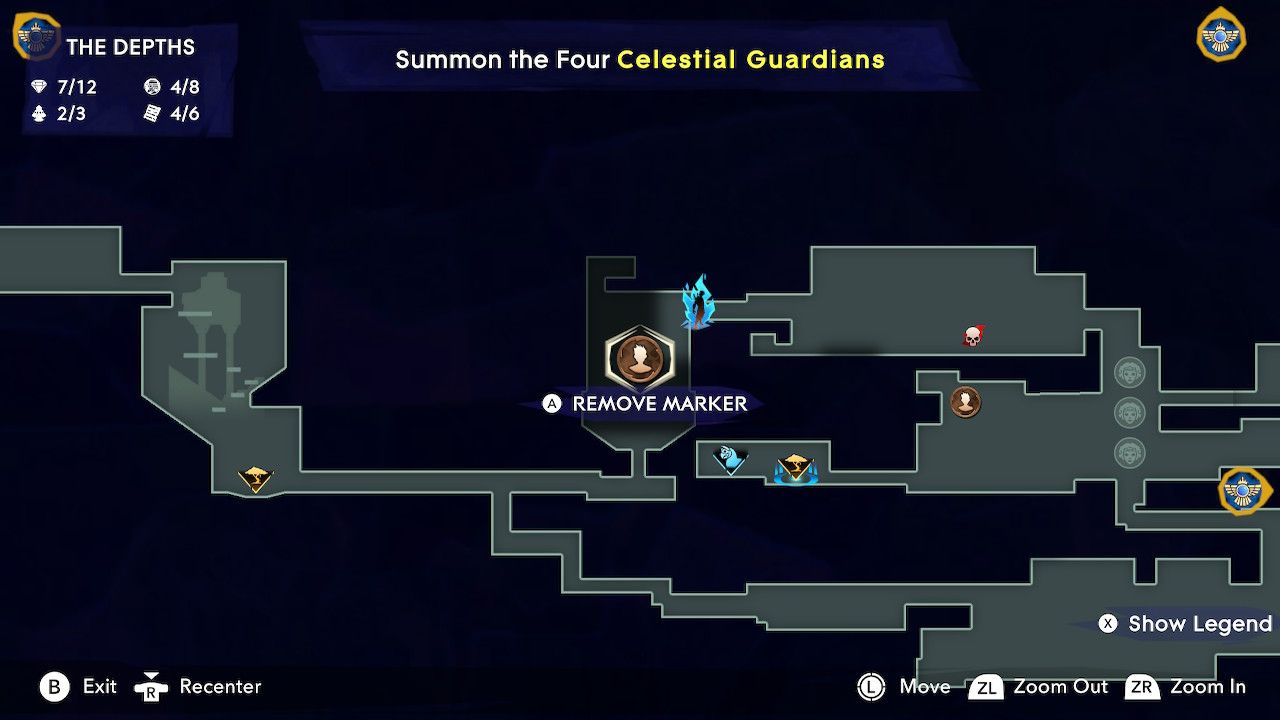 Map of Mount Qaf centering on a vertical room in the Depths area with a person mark over it in Prince Of Persia: The Lost Crown.