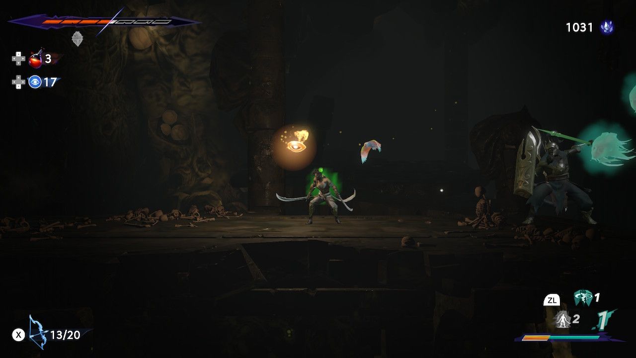 Sargon waiting and afflicted by poison while a large warrior is preparing to throw a spear at him in Prince Of Persia: The Lost Crown.