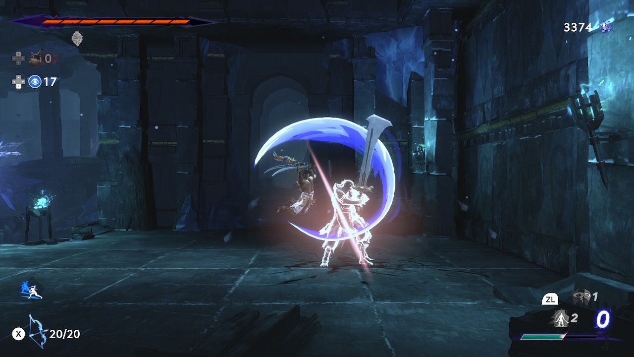 Sargon leaping forward and slashing a large warrior wielding a giant sword in the Tower of Silence in Prince Of Persia: The Lost Crown.