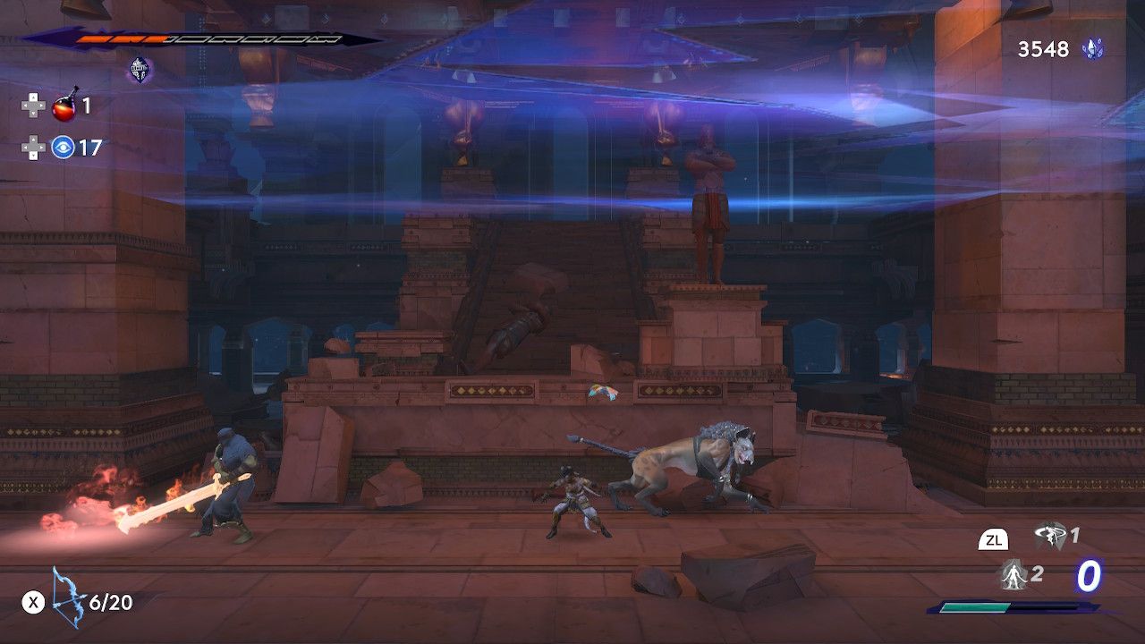 Sargon moving past a armored lion creature while a large warrior with a giant flaming sword is recovering in Prince Of Persia: The Lost Crown.