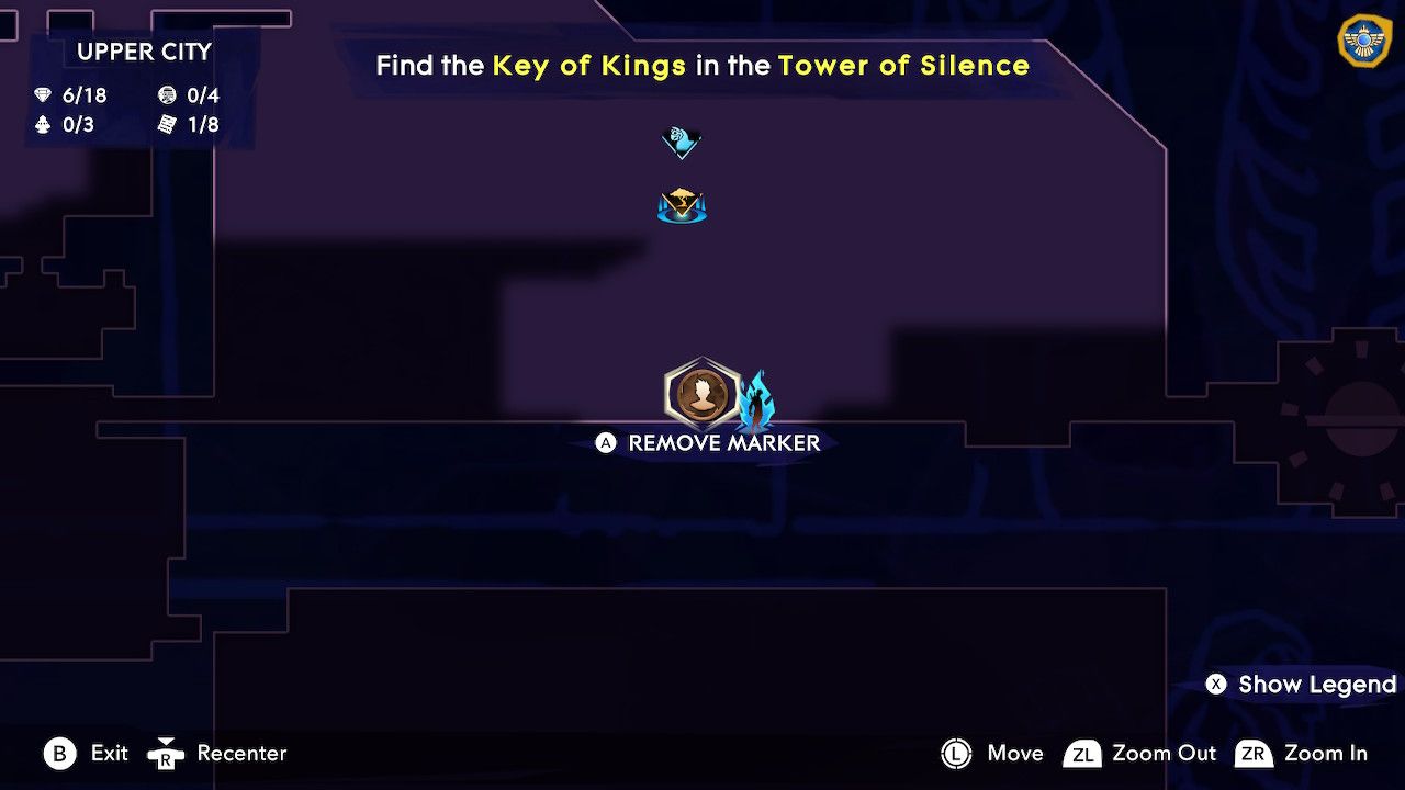 Map of Mount Qaf centering on a massive rectangular room in the Upper City area with a person mark in the bottom middle of it in Prince Of Persia: The Lost Crown.