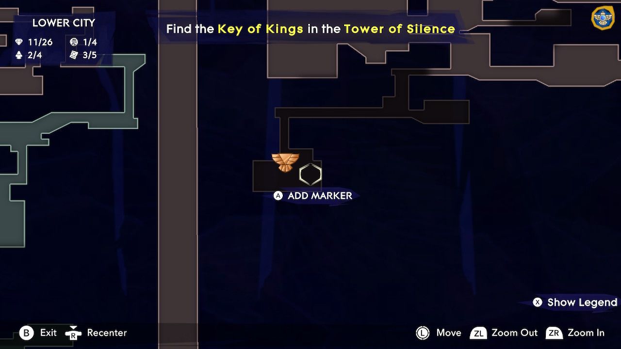 Map of Mount Qaf centered on a small room with a golden symbol in it in the Lower City area in Prince Of Persia: The Lost Crown.