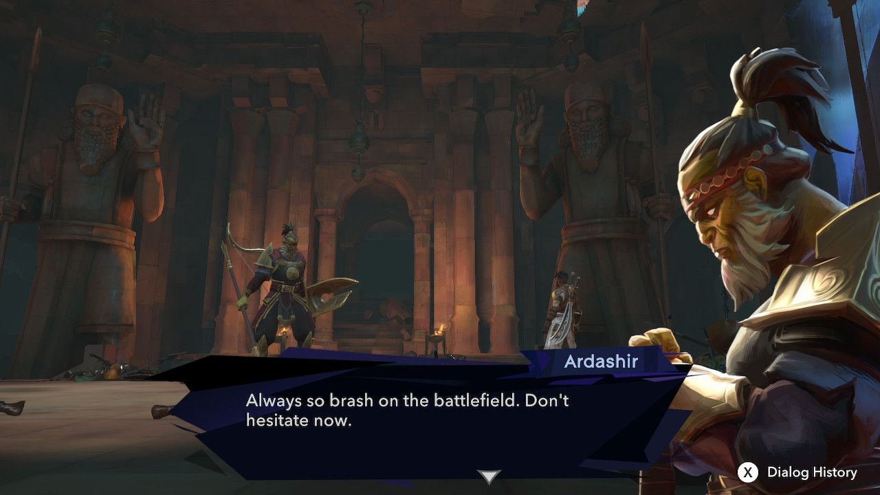 Sargon speaking with a large warrior with a shield and spear named Ardashir in a small room in Prince Of Persia: The Lost Crown.