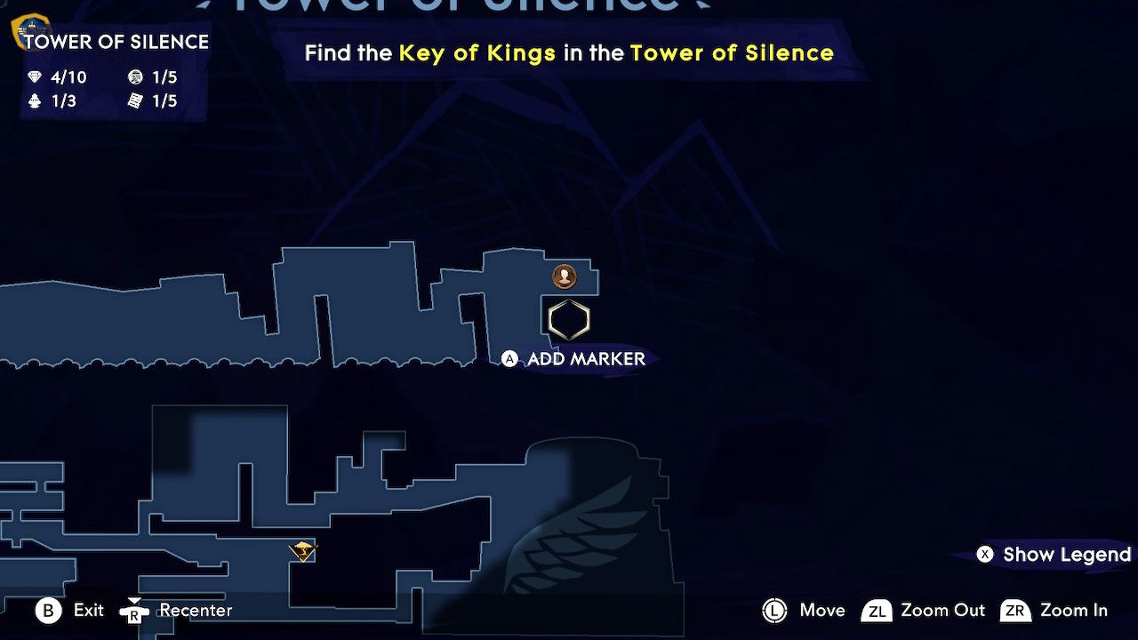 Map of Mount Qaf centering on long, curving room with multiple chambers in the Tower of Silence and a player mark in one corner of it in Prince Of Persia: The Lost Crown.