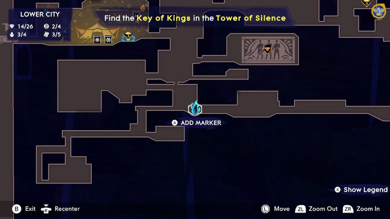 Map of Mount Qaf centering on a portion of a long room in the Lower City area with a blue flame player symbol on it in Prince Of Persia: The Lost Crown.