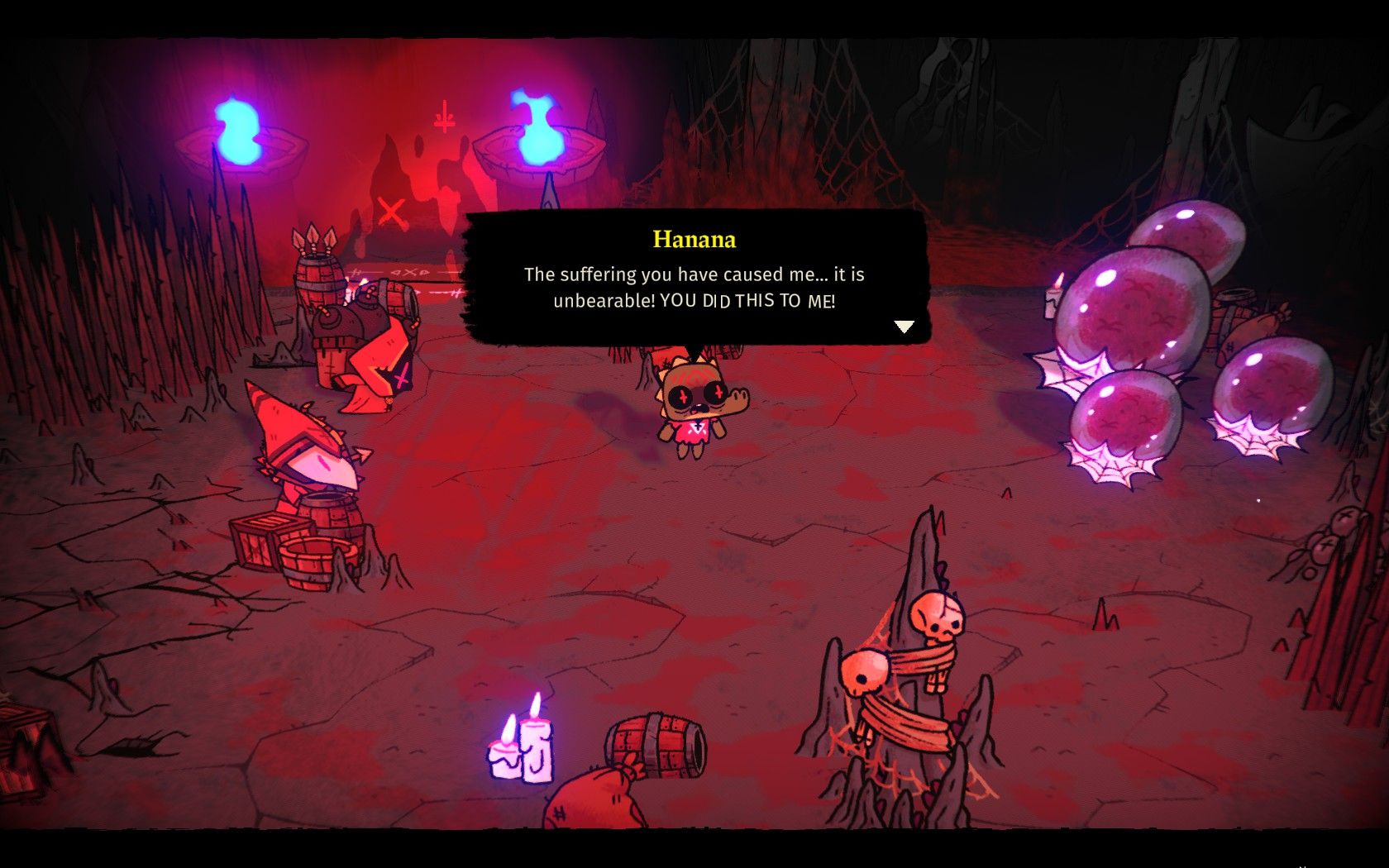 A damned crodocile follower named hanana swears vengeance in cult of the lamb