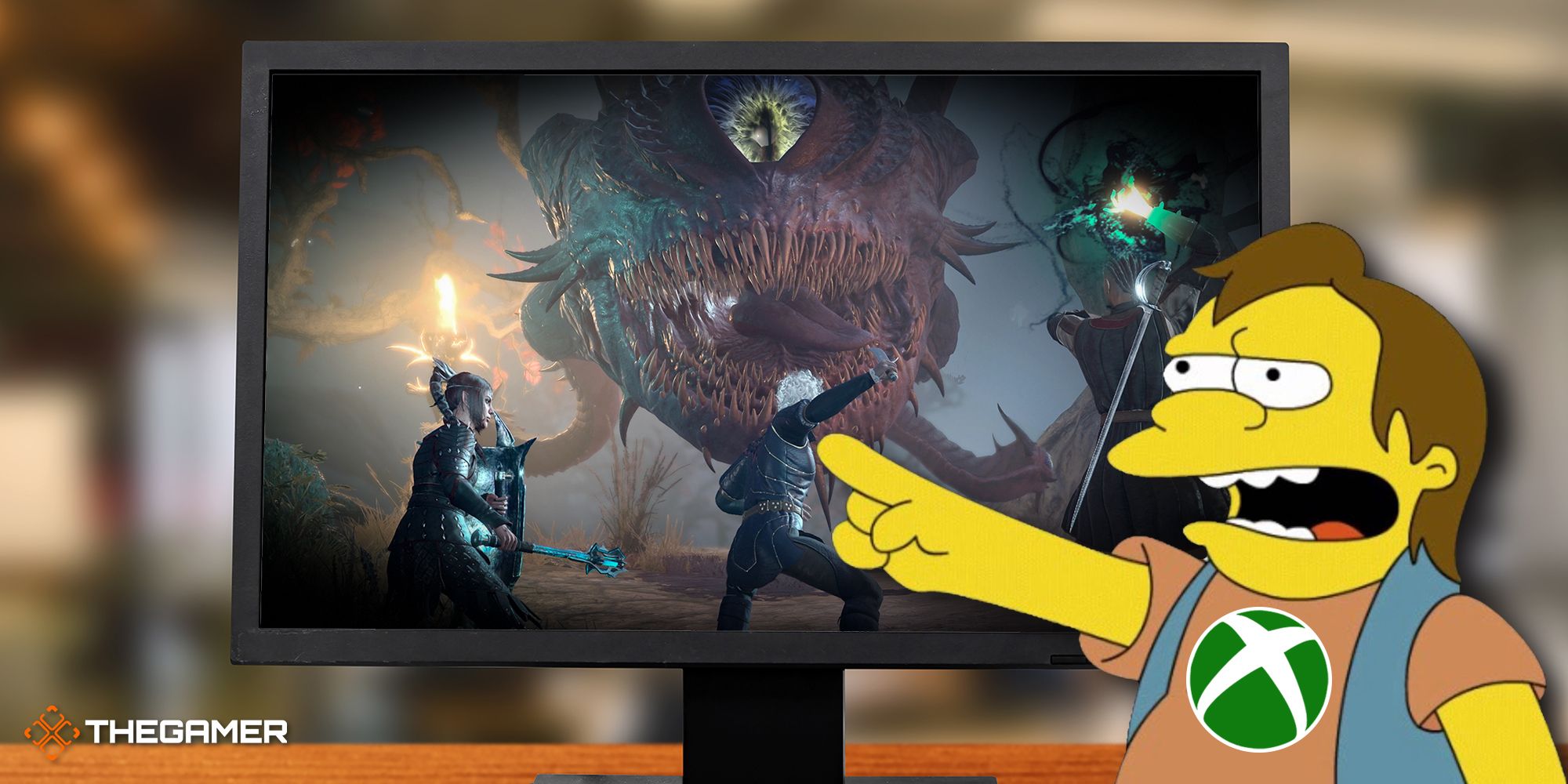 Nelson from The Simpsons with an Xbox logo on his chest, pointing at Baldur's Gate 3 on a PC monitor