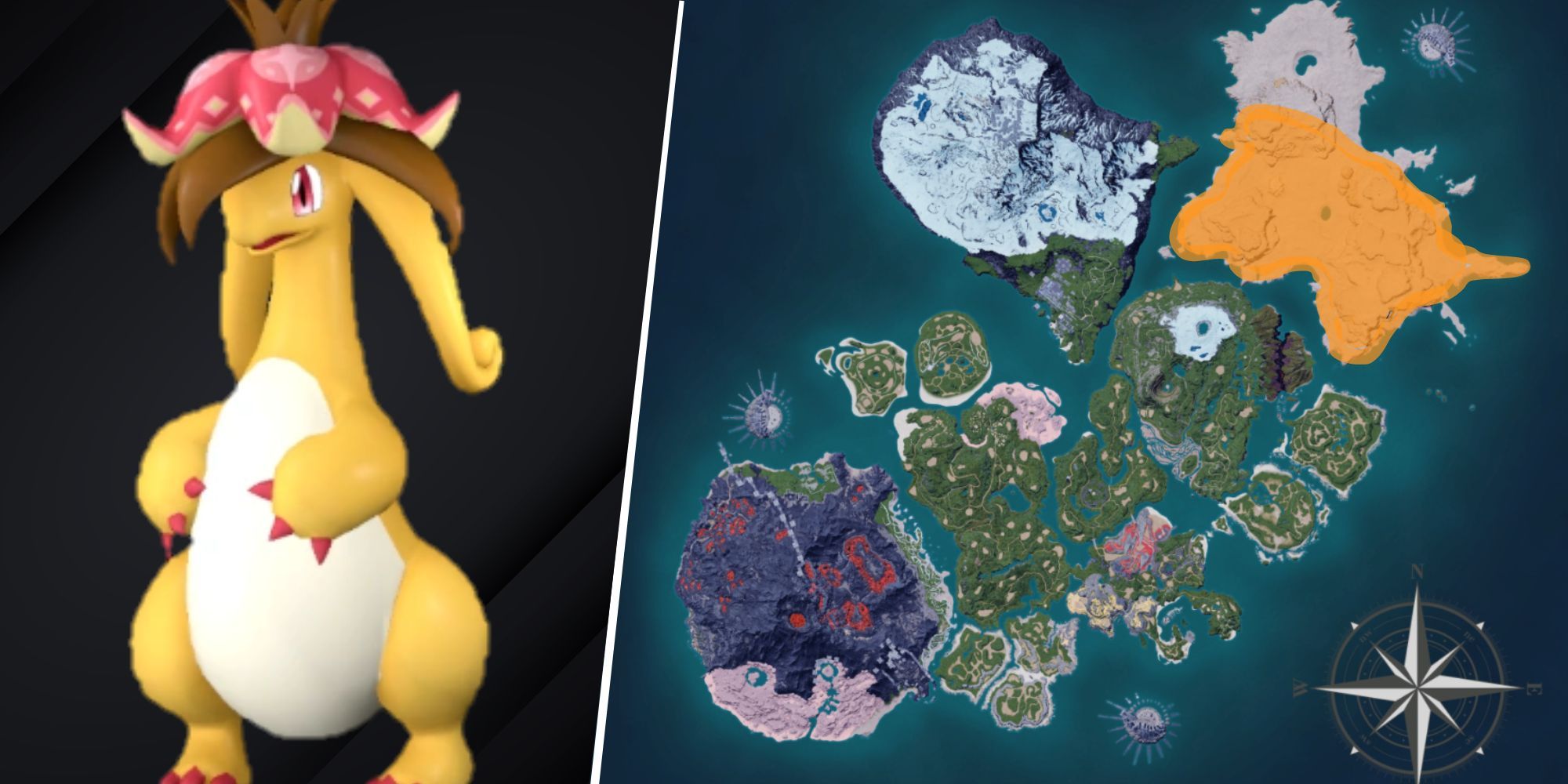 Palworld - Dinossom Lux and its habitat on world map