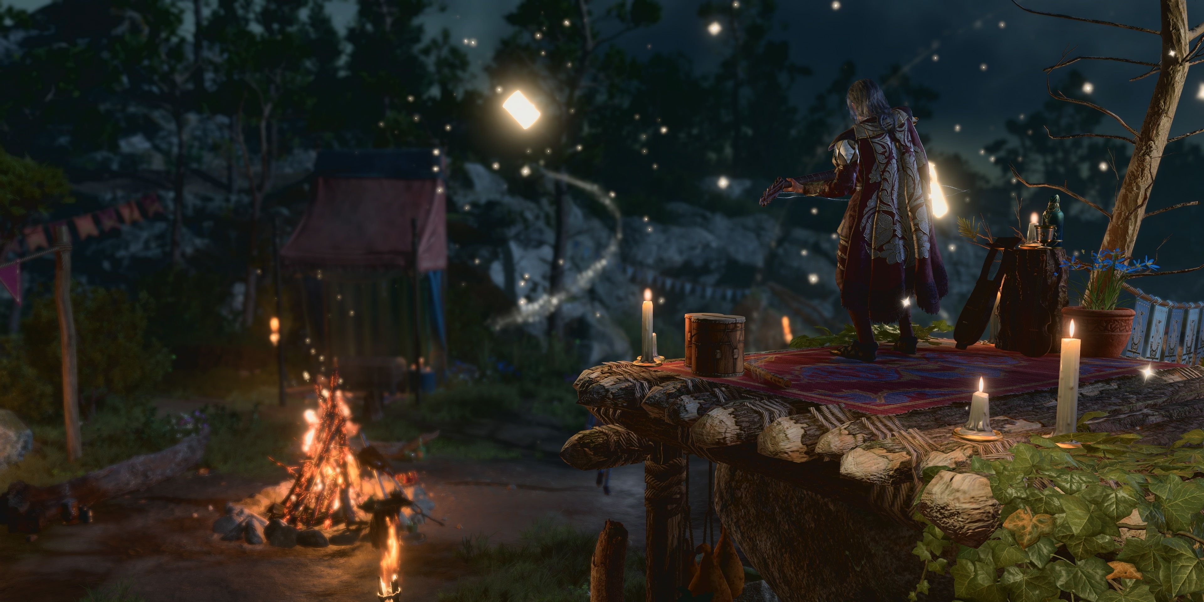 Tav playing lute in camp at night in baldur's gate 3
