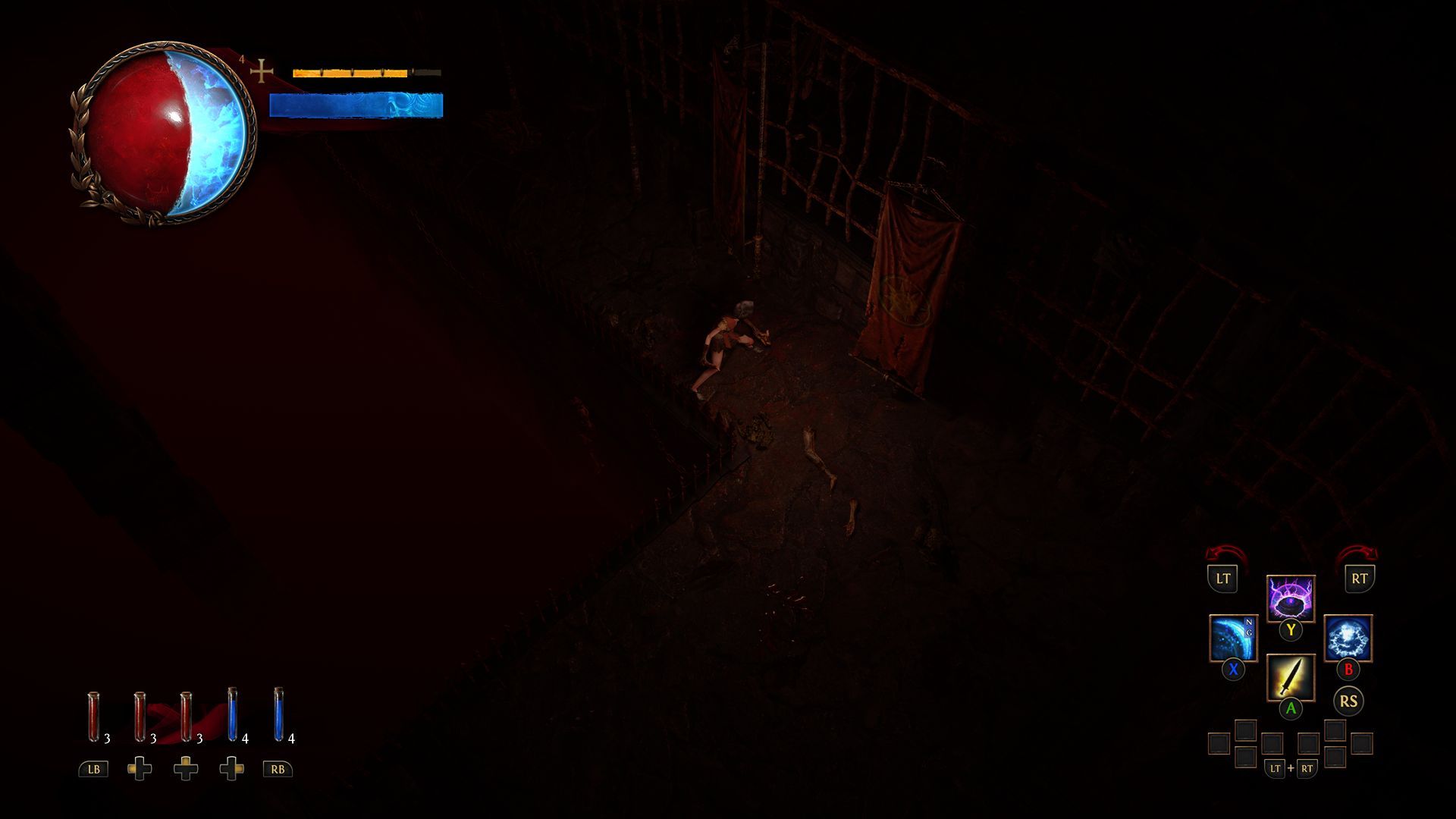 A player approaching a cage in an underground area in Act 3 of Path of Exile.