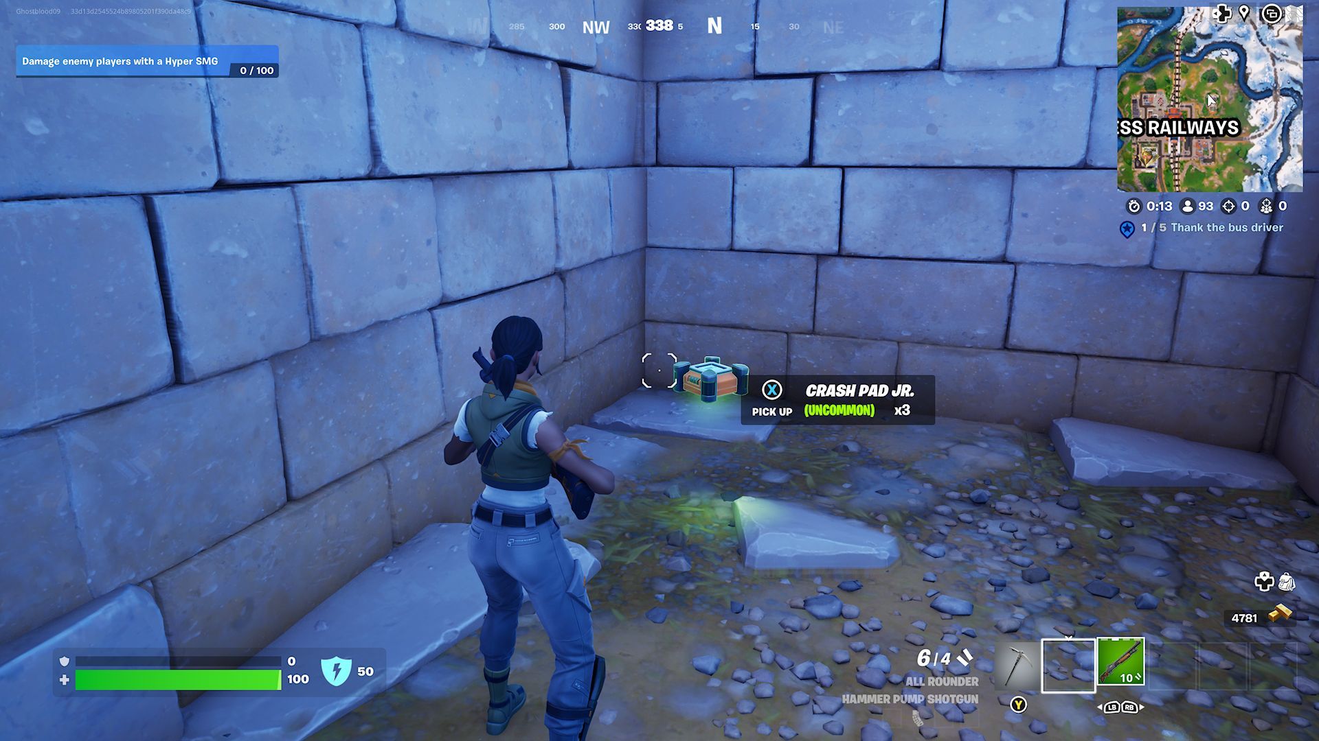 A player standing in front of a Crash Pad Jr., a recently unvaulted item in Fortnite.
