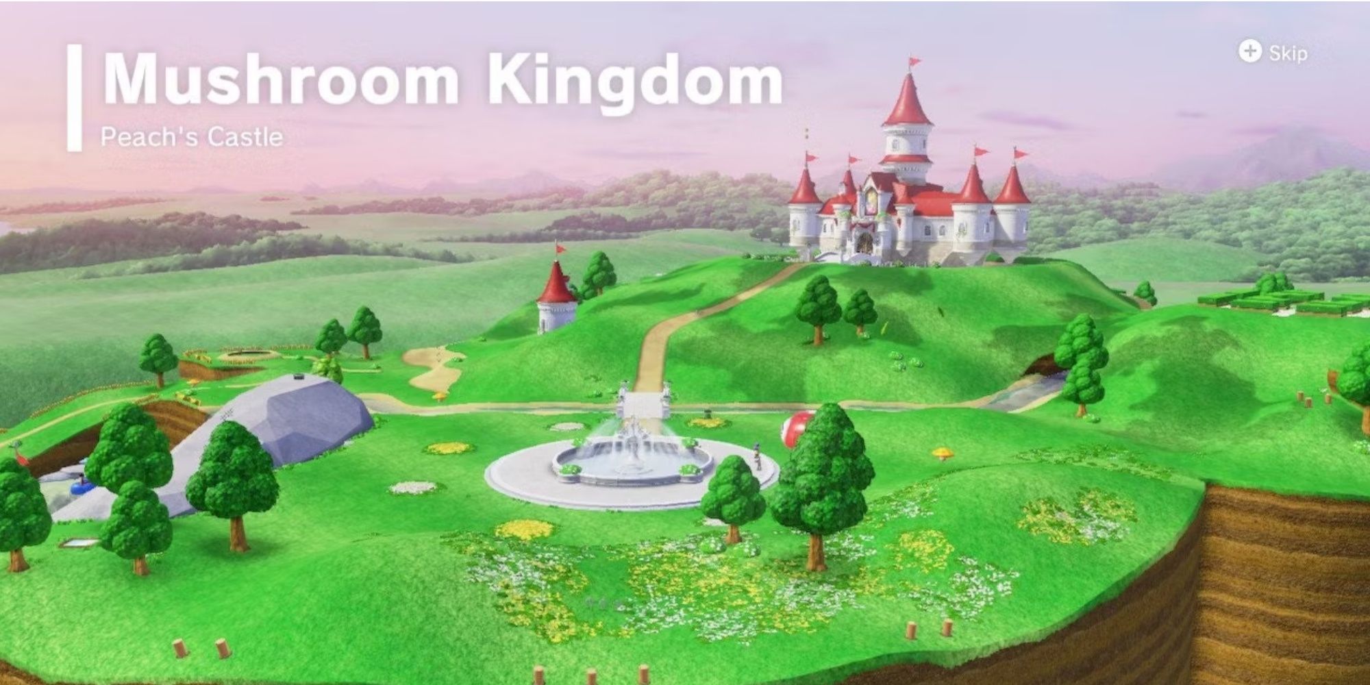 A landscape view of Peach's Castle in Mushroom Kingdom