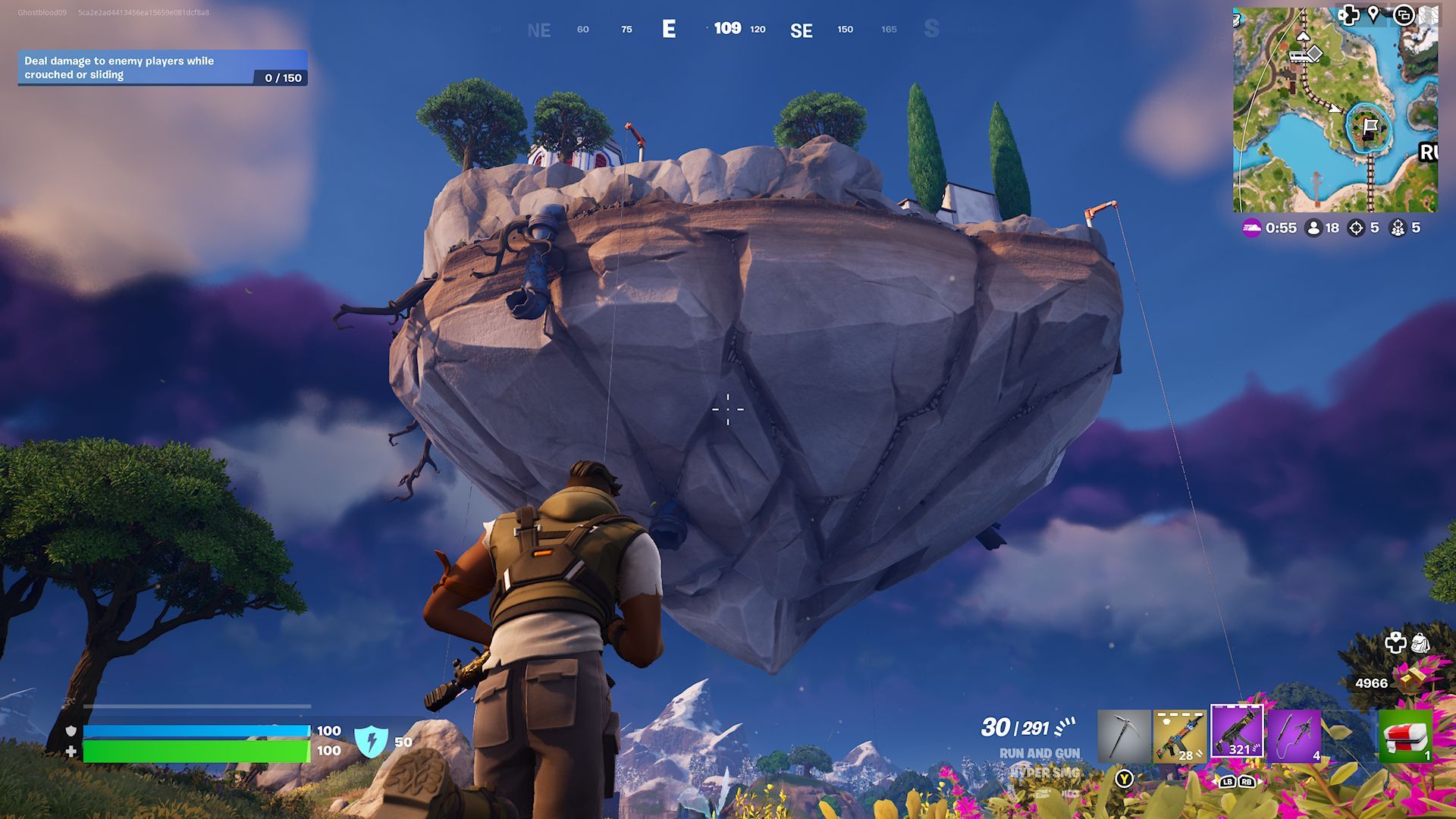 A player running towards a Loot Island floating above Reckless Railways in Fortnite.