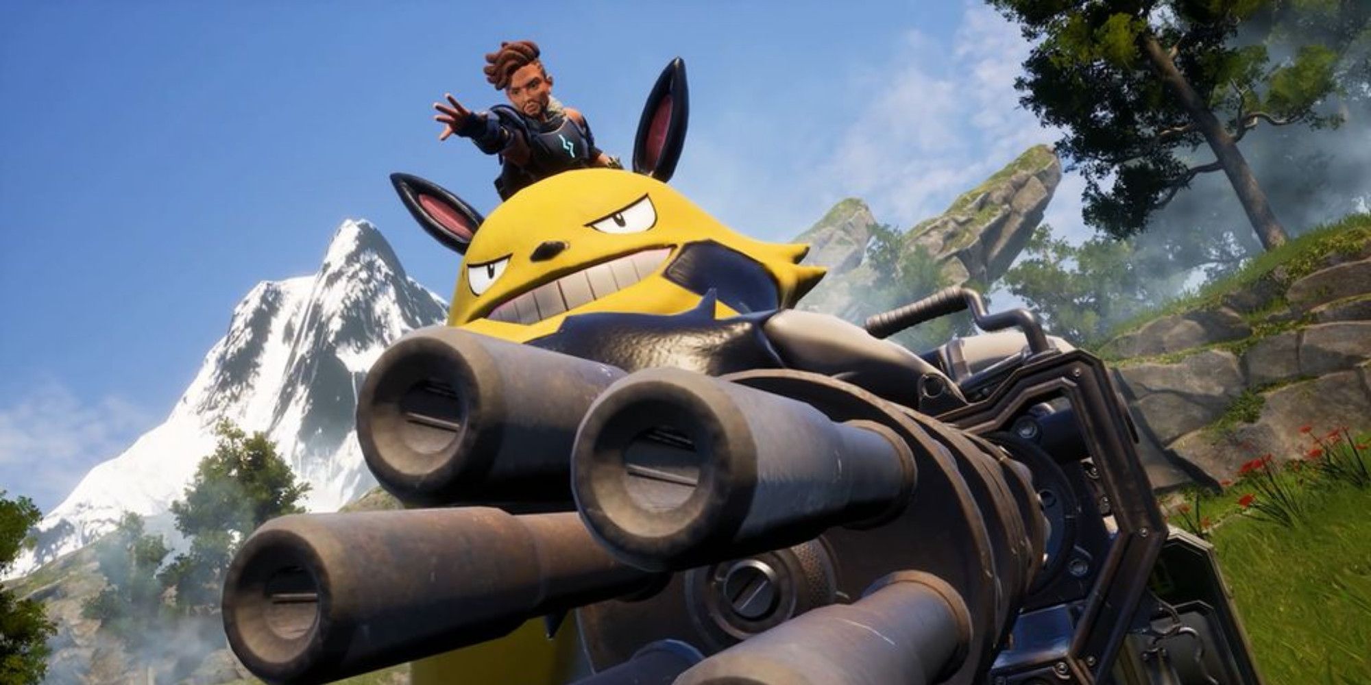 A man riding on the back of a large yellow crature holding a minigun