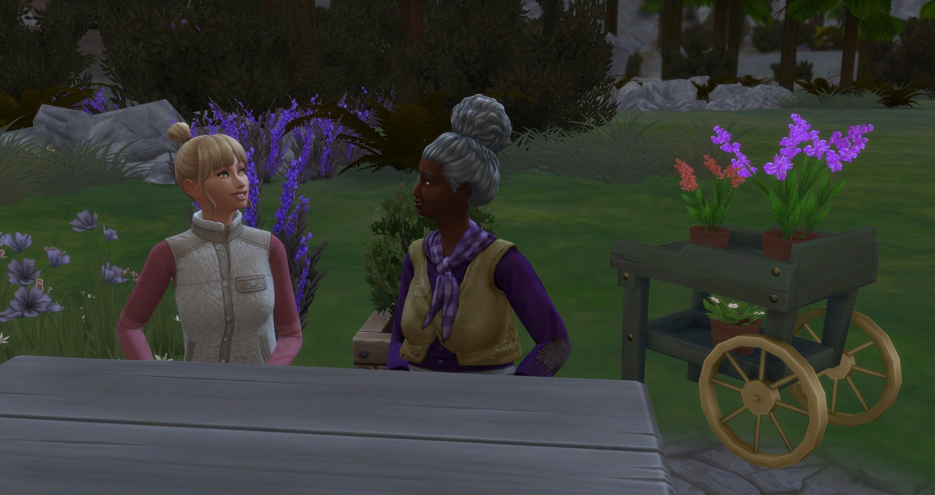 a sim speaking with a hermit of granite falls at the hidden lot in the sims 4 outdoor retreat herbalism