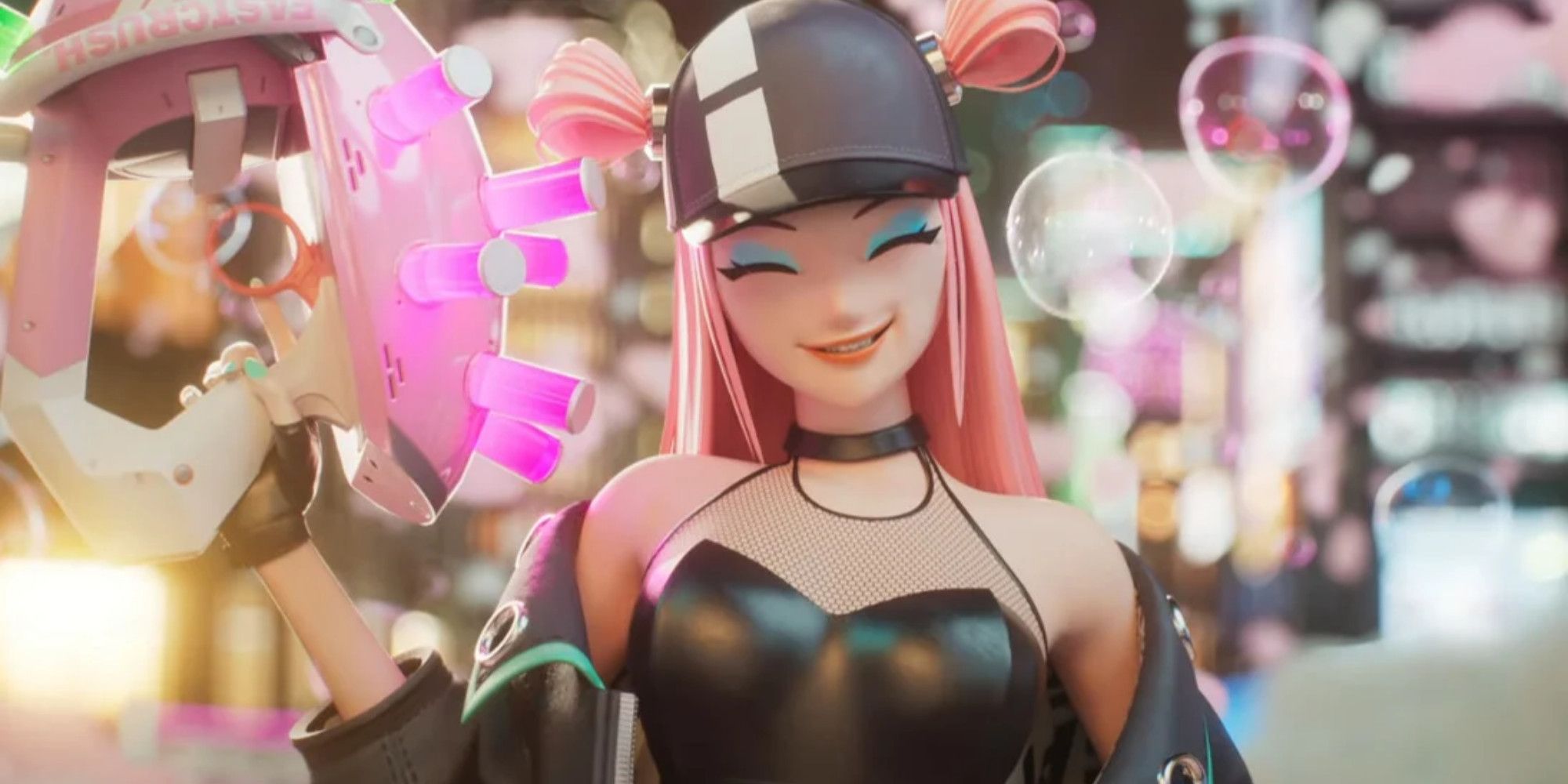 A woman in Foamstars smiling to the camera while holding a weapon in her right hand, with bright lights and bubbles as a backdrop