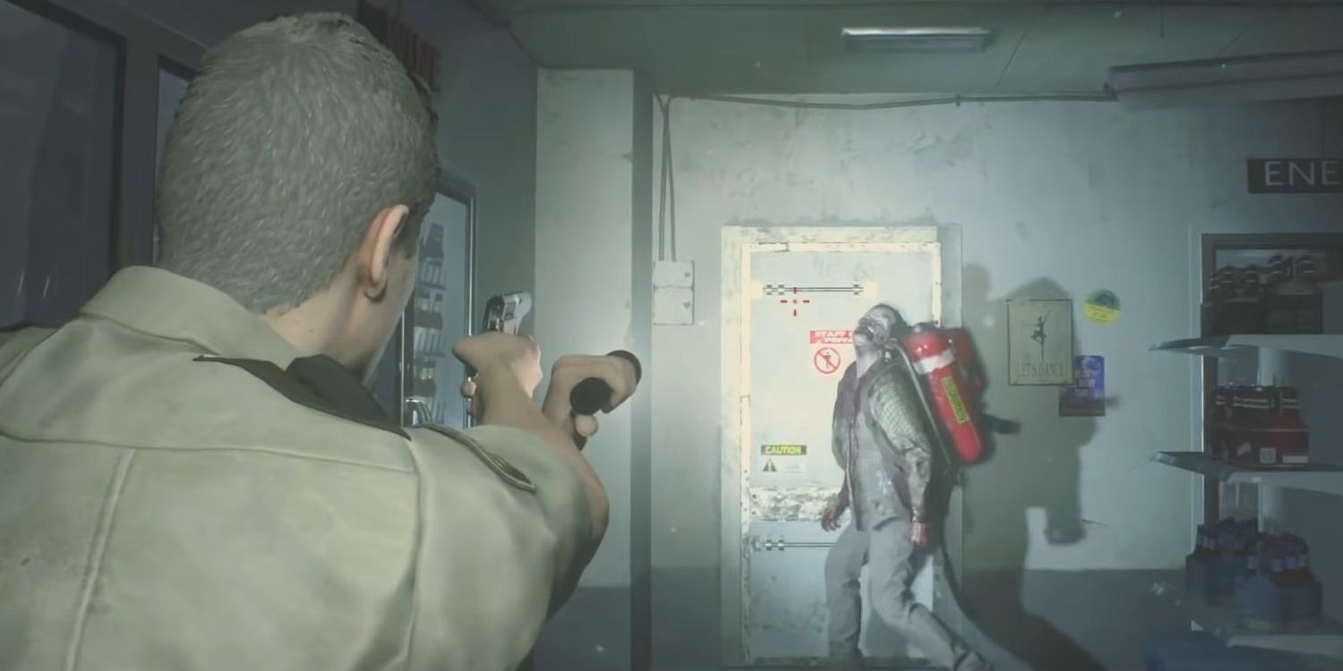 About to shoot a zombie in Resident Evil 2 No Way Out