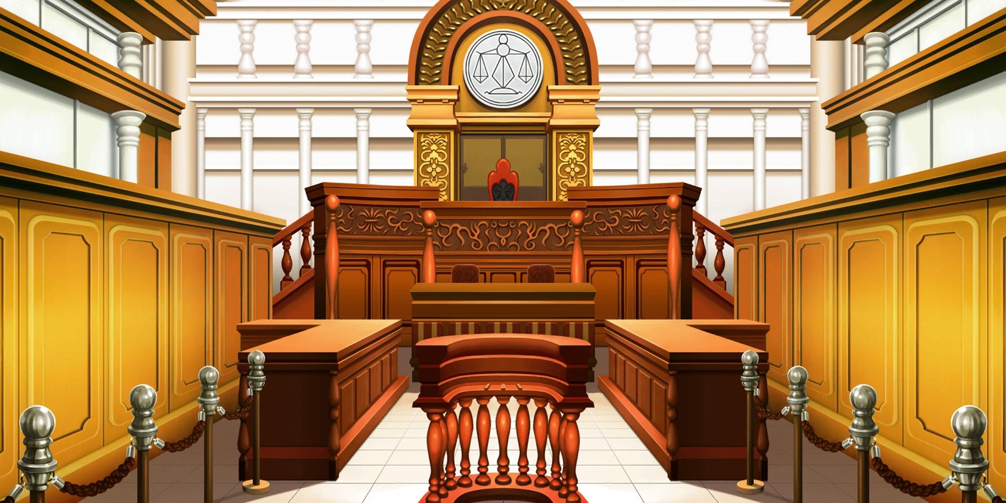 An empty courtroom from Phoenix Wright Ace Attorney