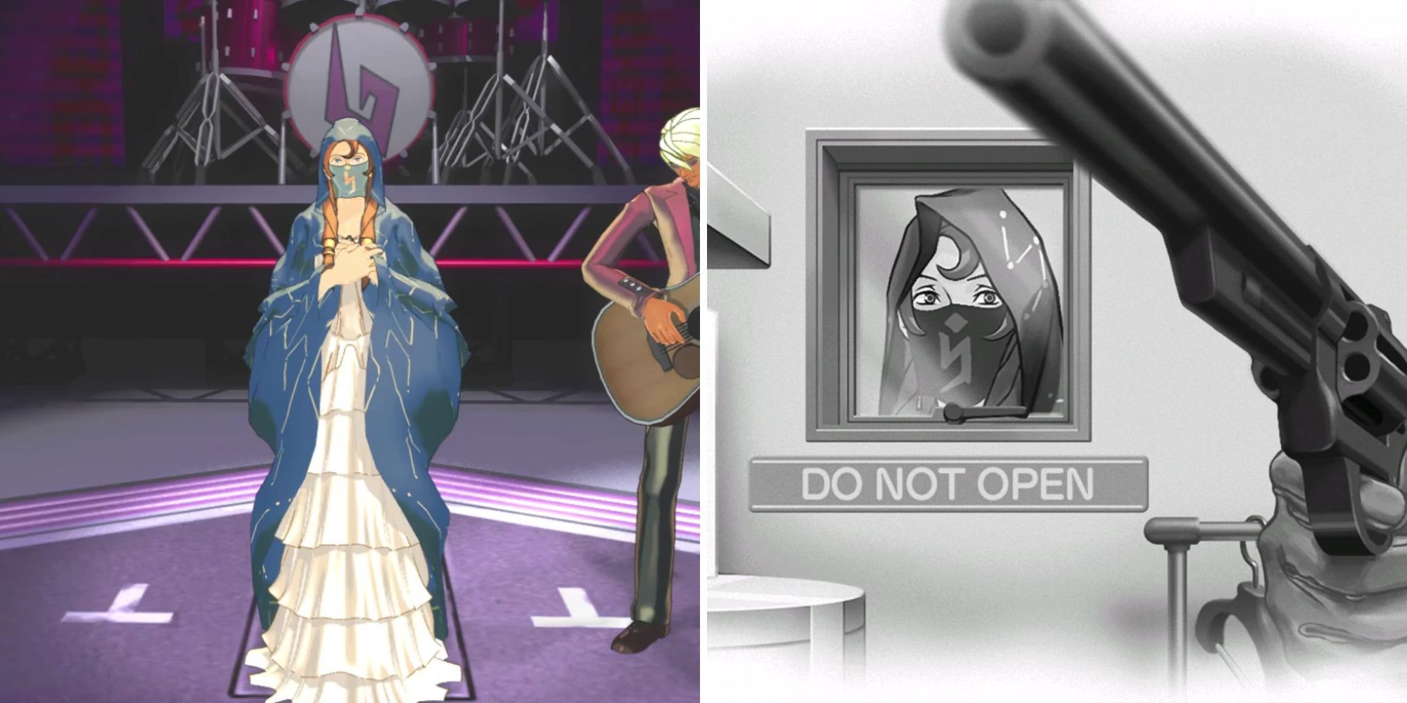 A split image of Lamiroir and Klavier Gaivn performing on stage and Lamiroir looking through a window at a gun from Apollo Justice: Ace Attorney.