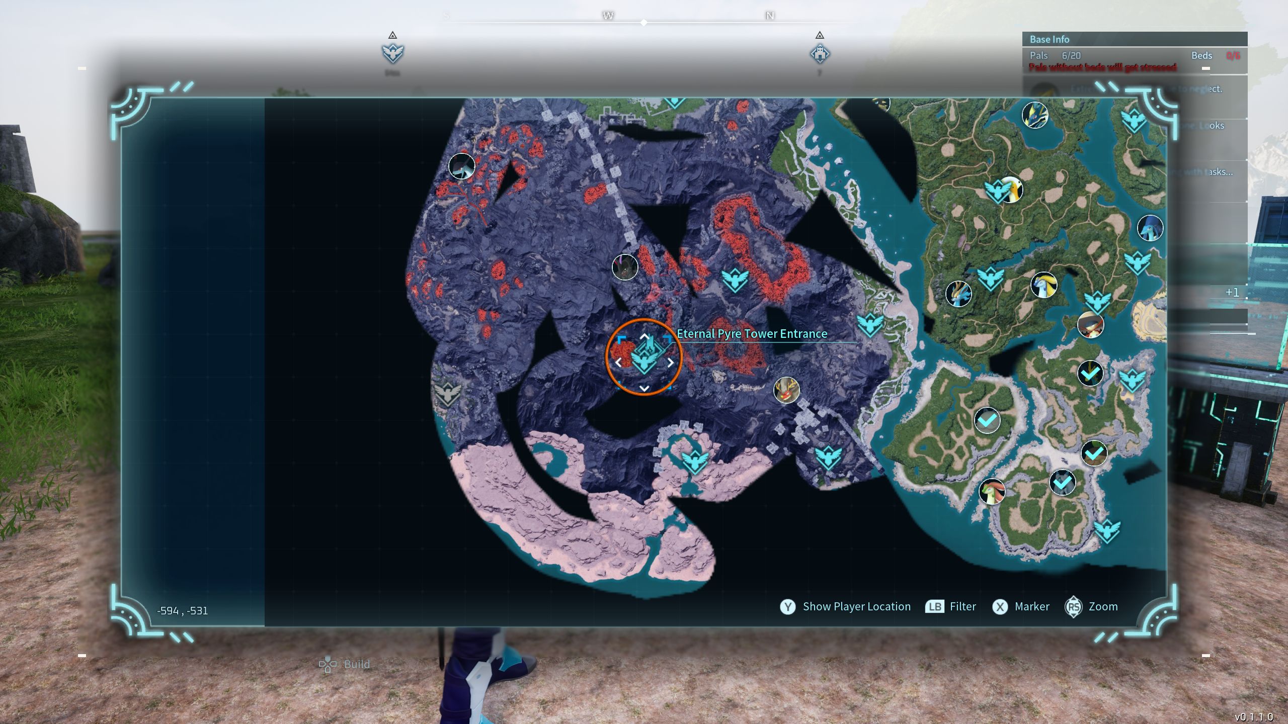 An circle on the map showing the location of Sulfur Palworld