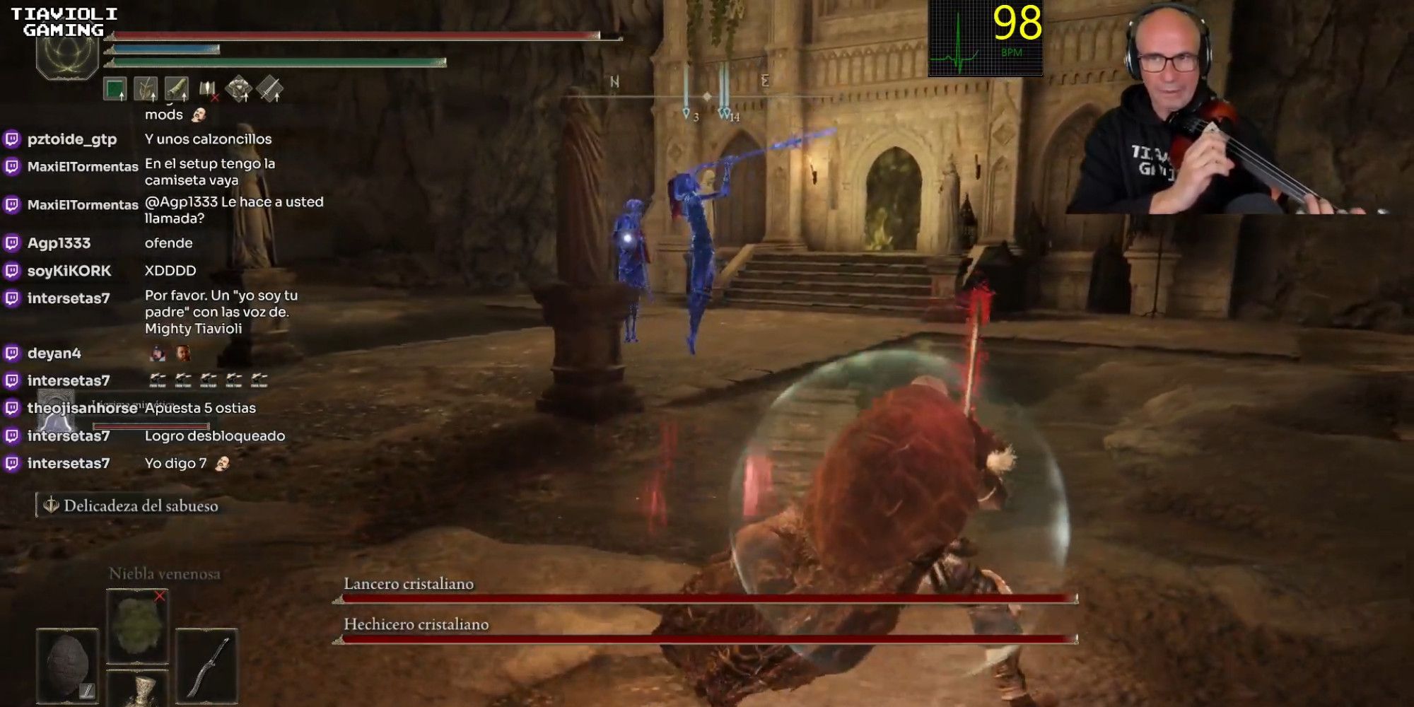 An Elden Ring character fighting two Crystal warriors in a big arena with a man in the top right corner holding a violin