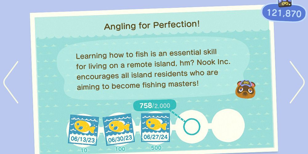 Angling For Perfection flashcard reads: "Learning how to fish is an essential skill for living on a remote island, hm? Nook Inc. encourages all island residents who are aiming to become fishing masters!"