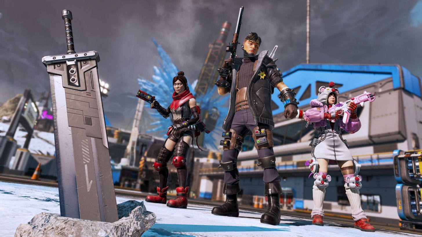 apex legends crypto wraith and wattson dressed in final fantasy clothes next to the buster sword