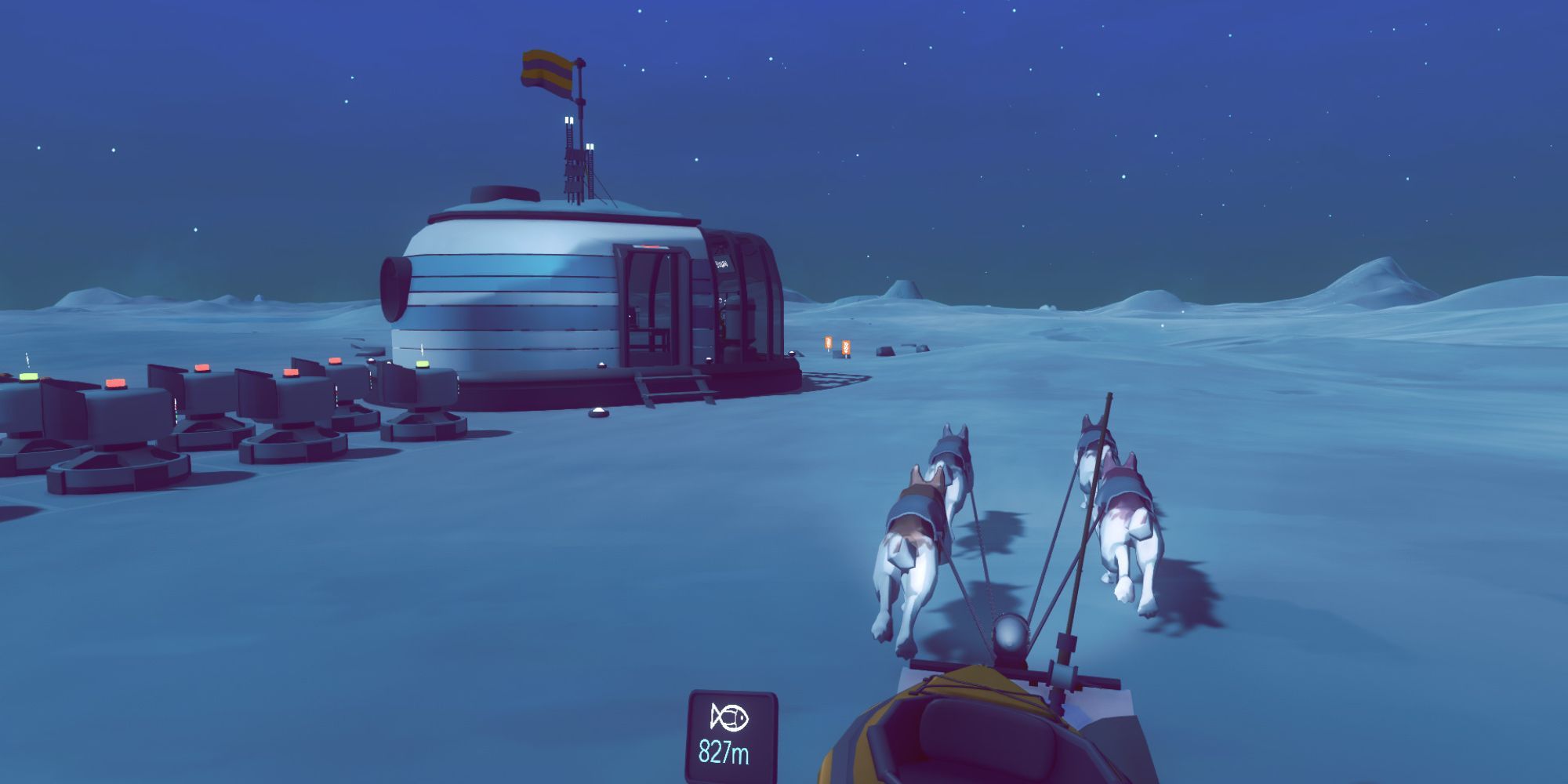 A first-person POV of riding a sled pulled by huskies in a harsh, barren, and cold environment.