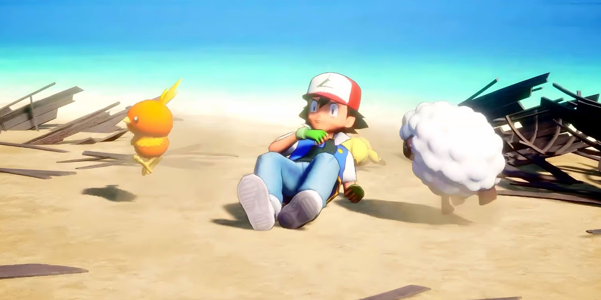 Ash waking up on a beach in Palworld next to Torchic and Wooloo