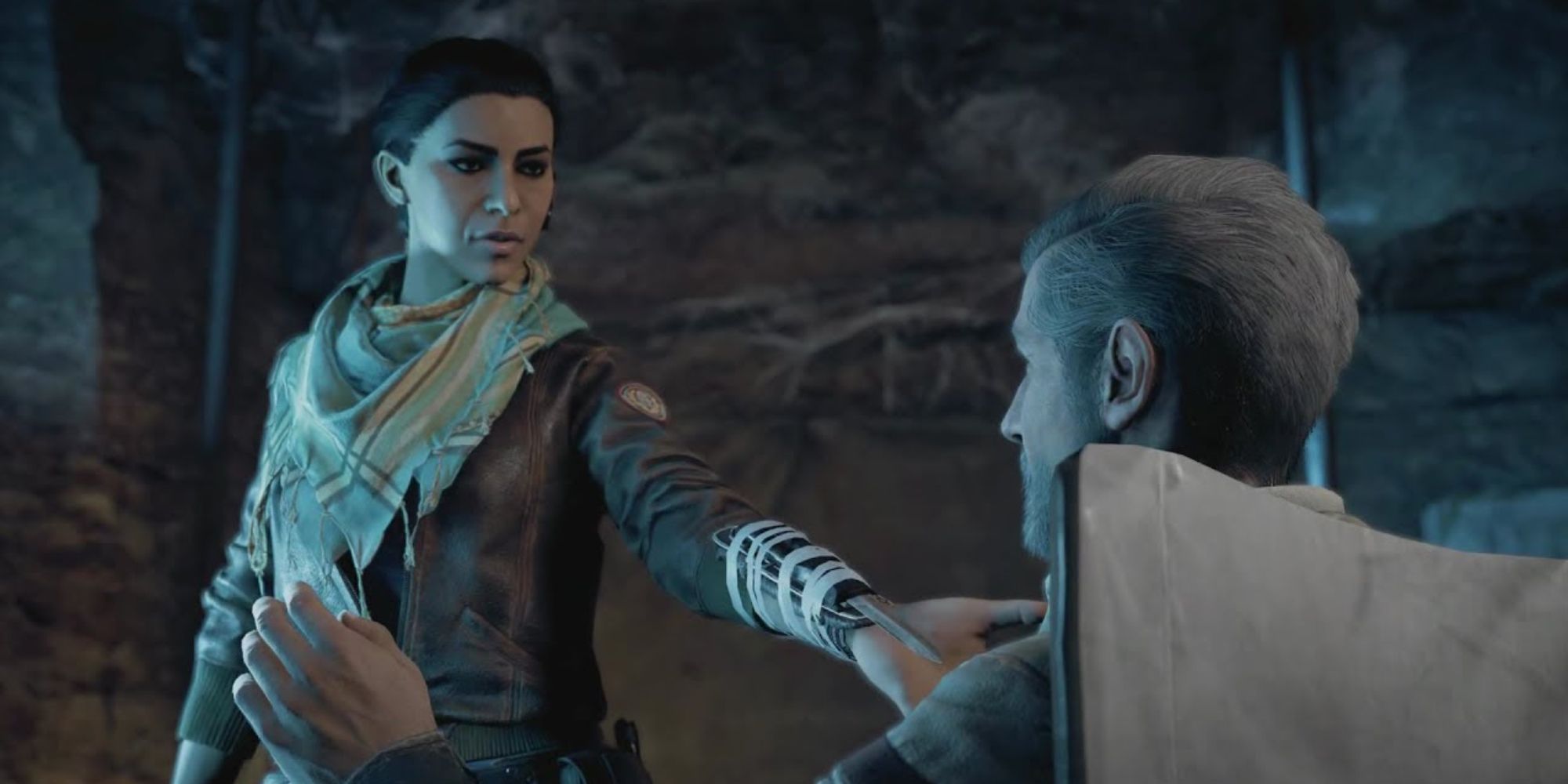 Assassin's Creed Origins Screenshot Of Layla Threatening William Miles With Hidden Blade