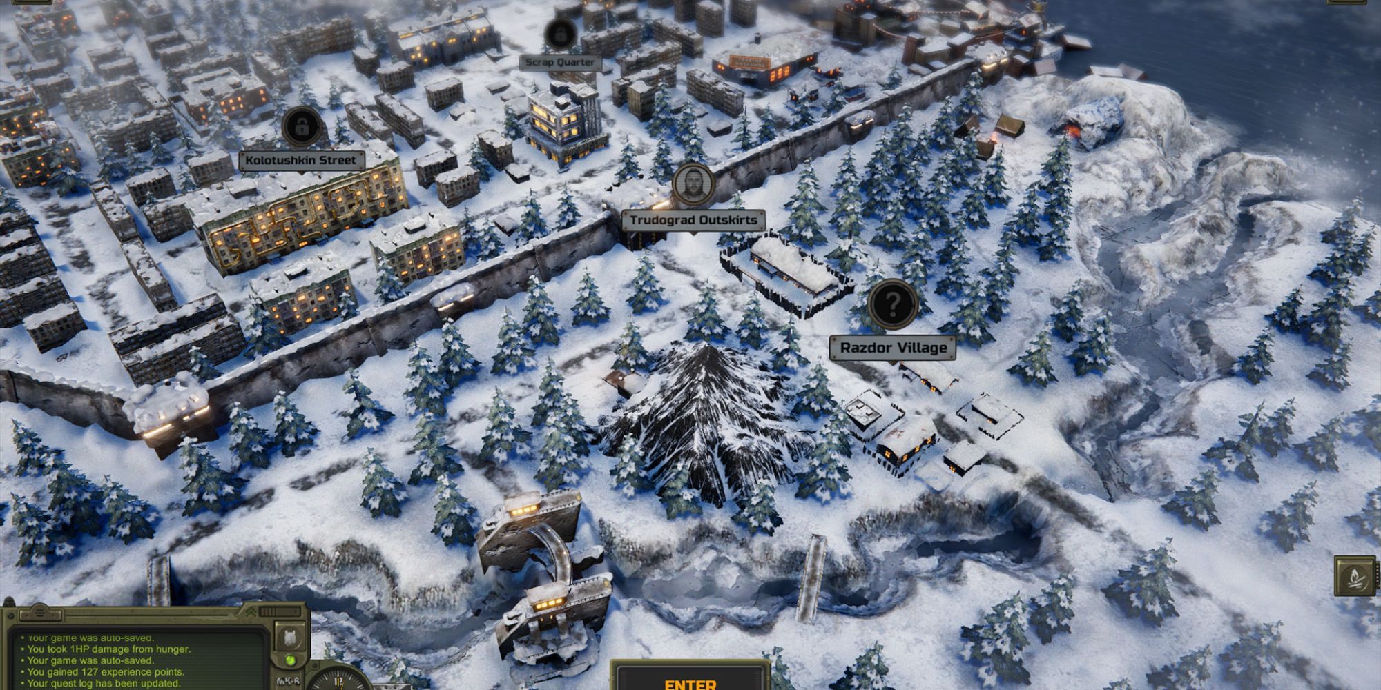 An aerial map of various locations in a snowy region that a player can visit.