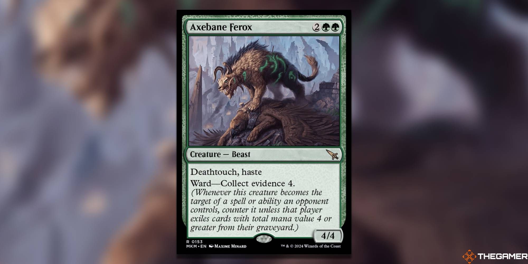 Screenshot of Axebane Ferox, a green MTG card portraying the collect evidence mechanic
