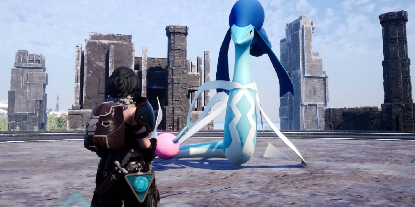 Palworld: Azurobe, a serpentine blue dragon looking at the armored player character