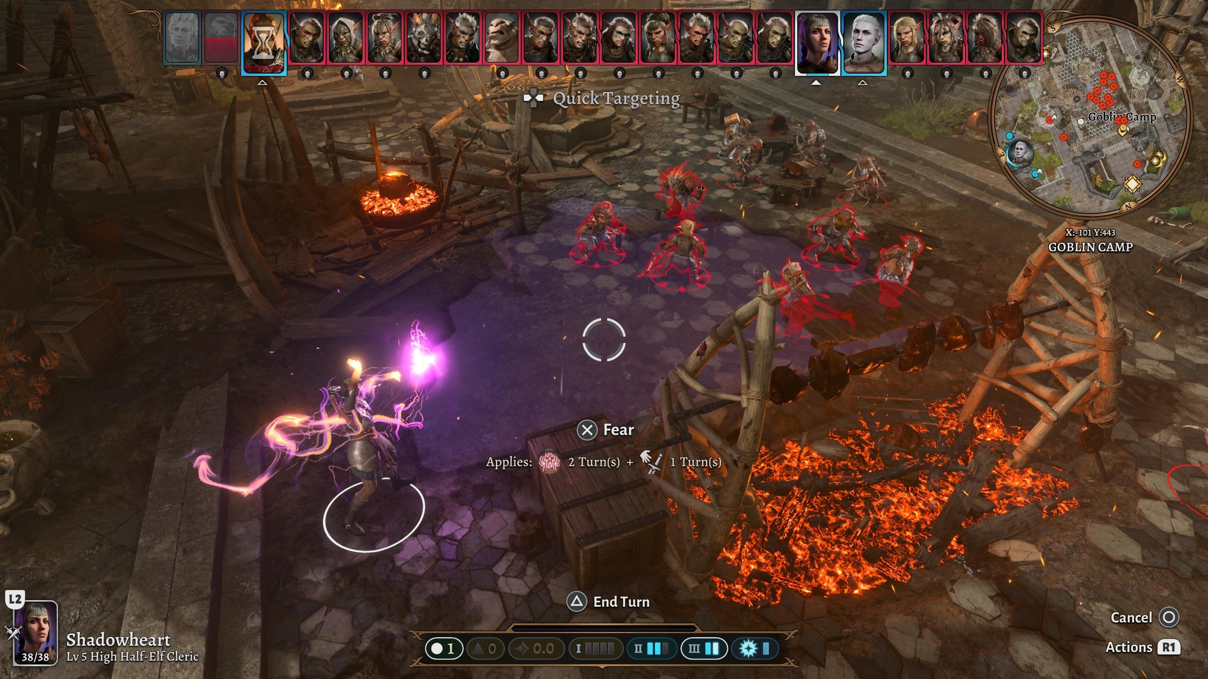 Baldur's Gate 3 Shadowheart casting Fear on goblins at the goblin camp