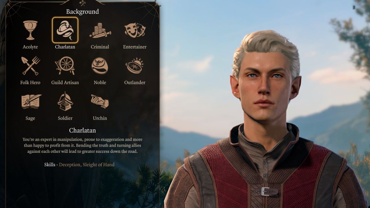 Baldur's Gate 3 a half-elf warlock charlatan on the character creation background menu