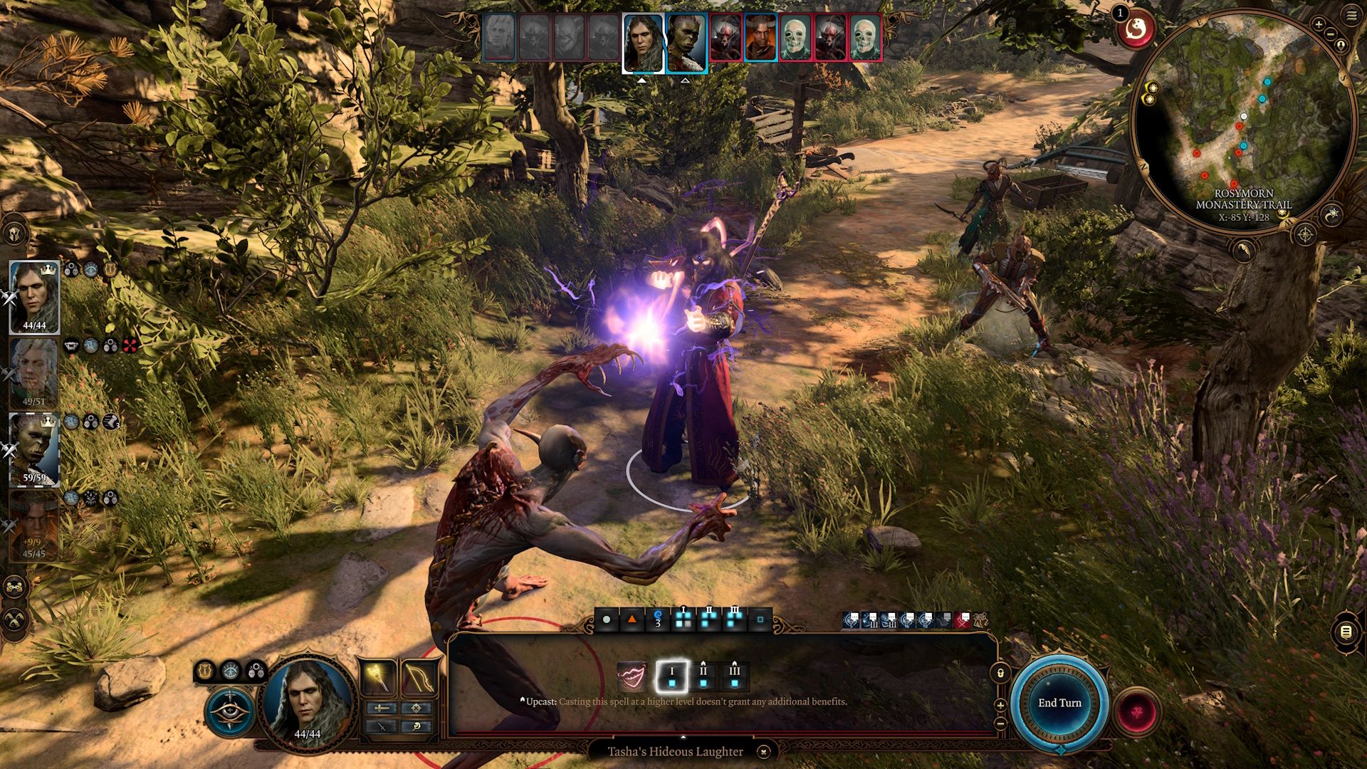 Baldur's Gate 3 Wood Elf Diviniation Wizard casting Tasha's Hideous Laughter
