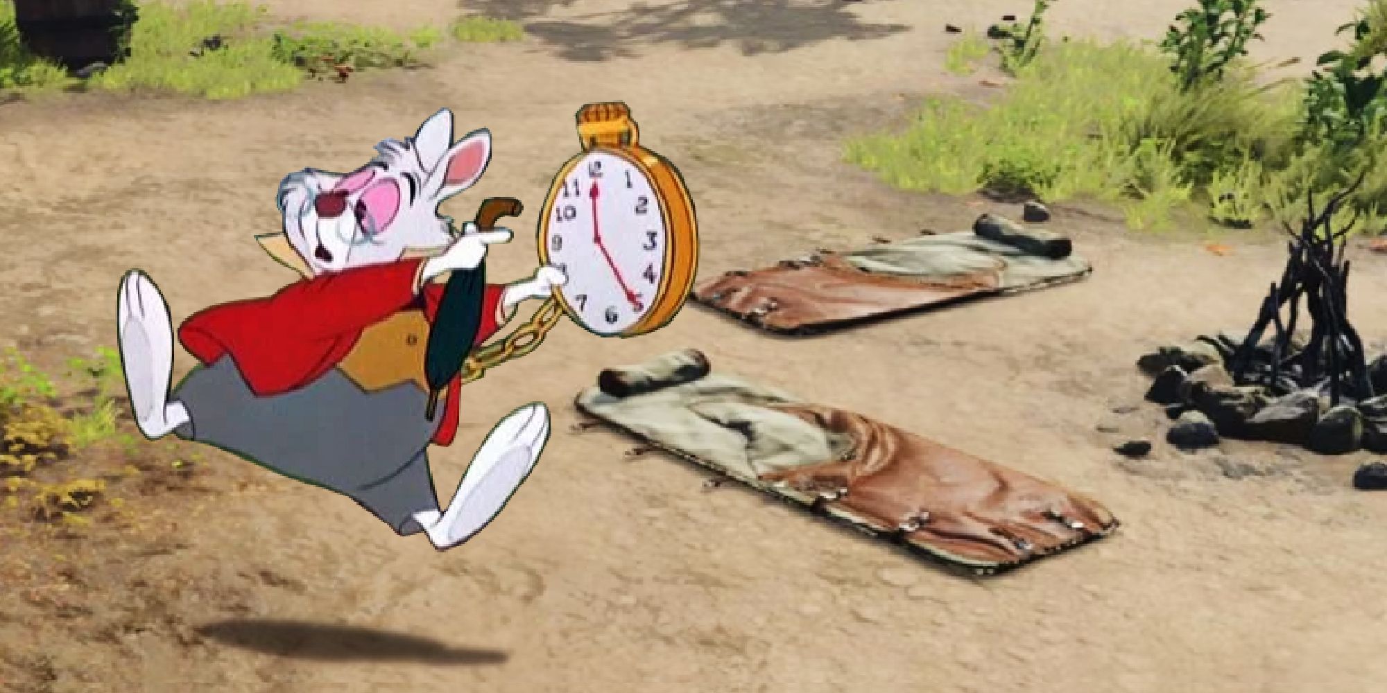 The hare from the animated Alice in Wonderland holding up a pocket watch in a Baldur's Gate 3 camp