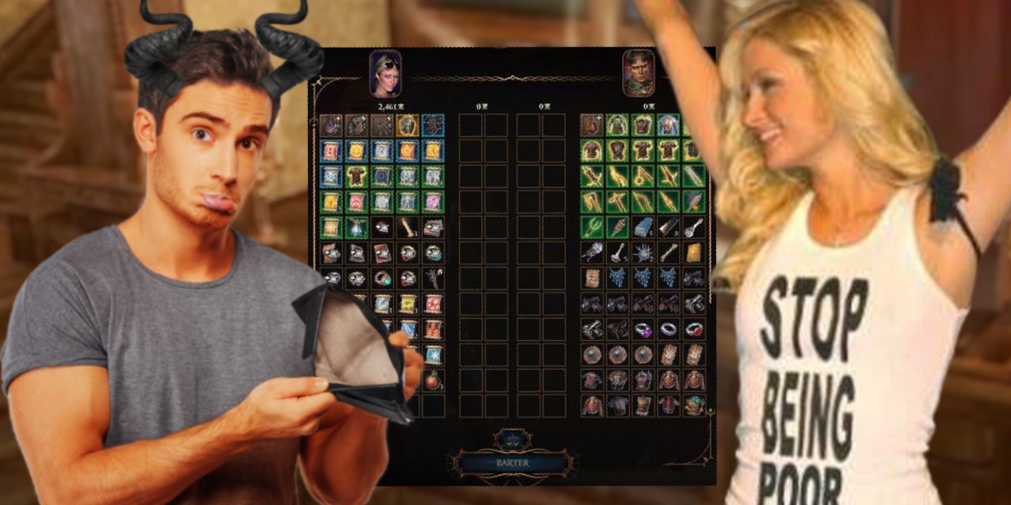 Baldurs Gate 3 character with open wallet next to Paris Hilton in her 'stop being poor' vest