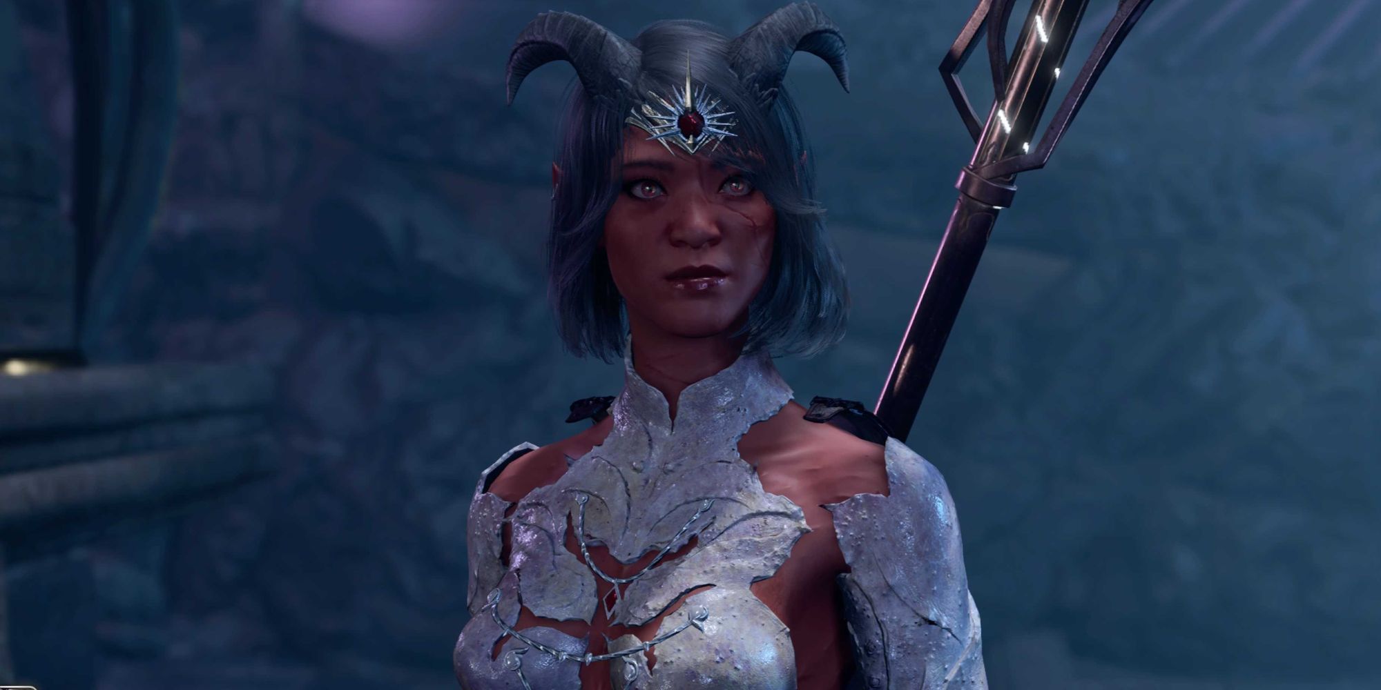 A tiefling player character in Baldur's Gate 3, wilelding a staff and wearing white clothing