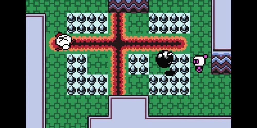Bomberman throwing a bomb at an enemy in Bomberman Quest