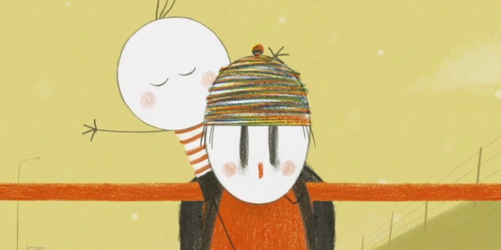 The boy from boy and the world riding a bicycle with an older man