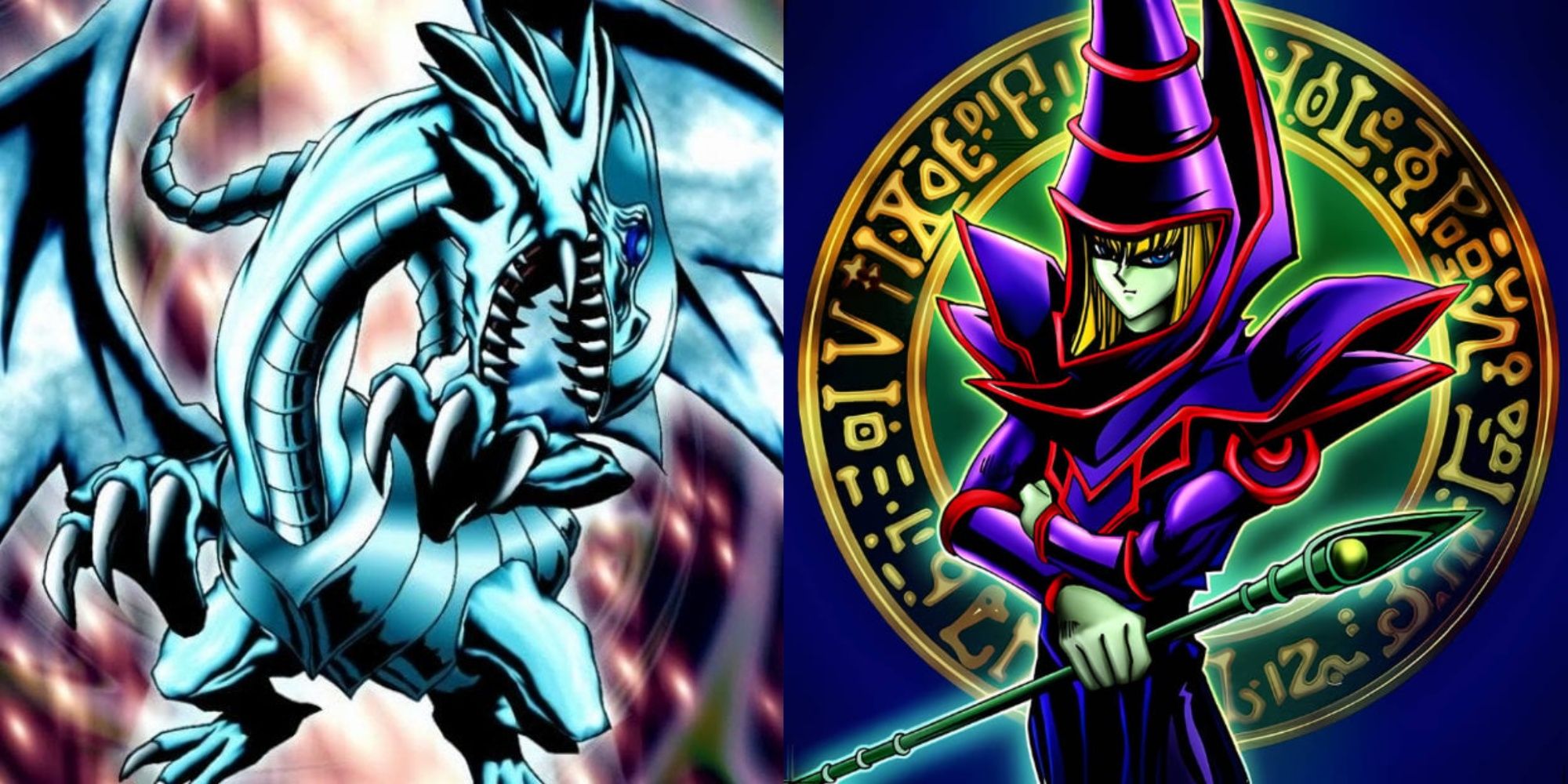 Card artworks for Blue-Eyes White Dragon and Dark Magician