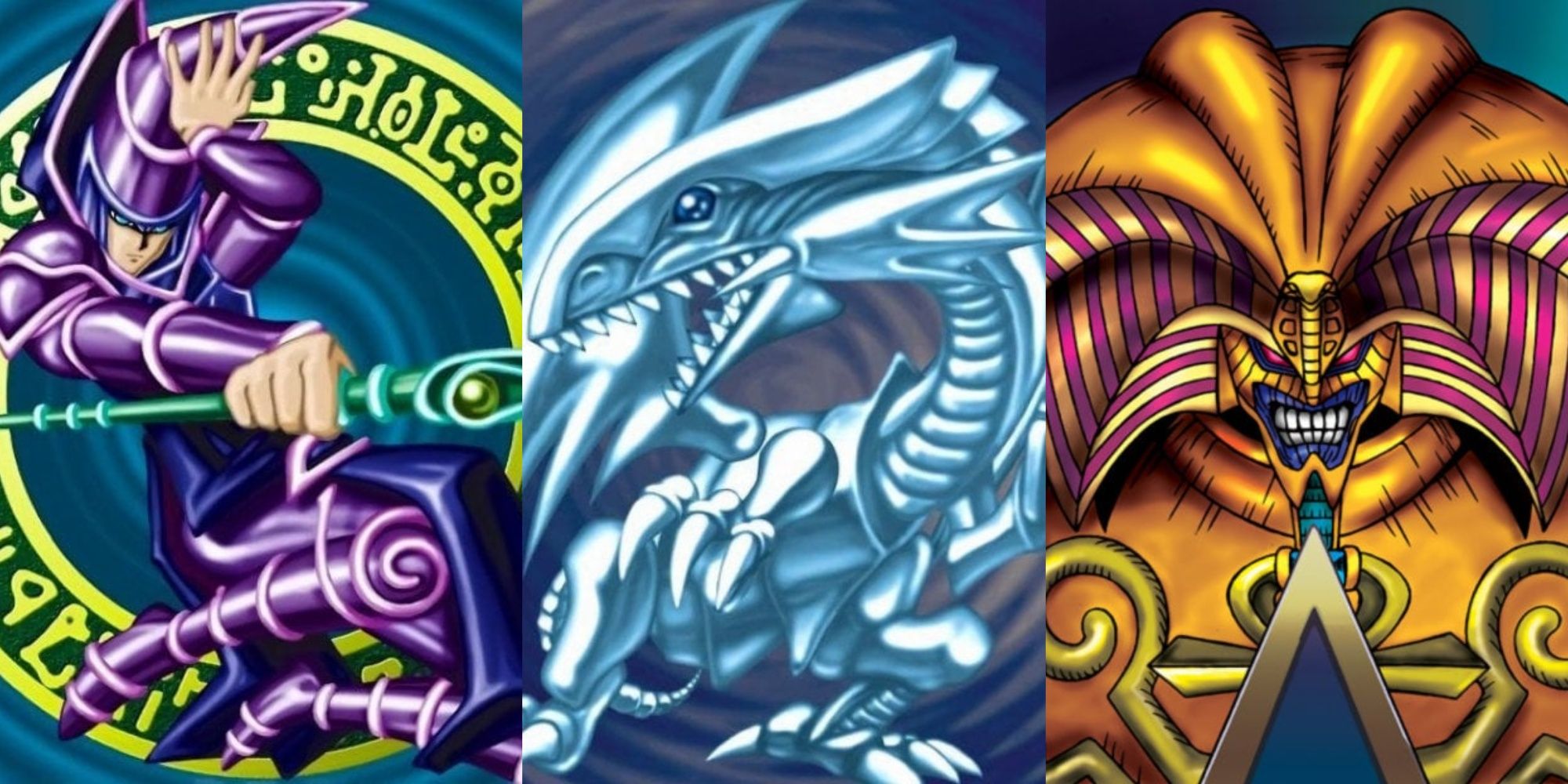 cart arts for Dark Magician, Blue-Eyes White Dragon, and Exodia The Forbidden One