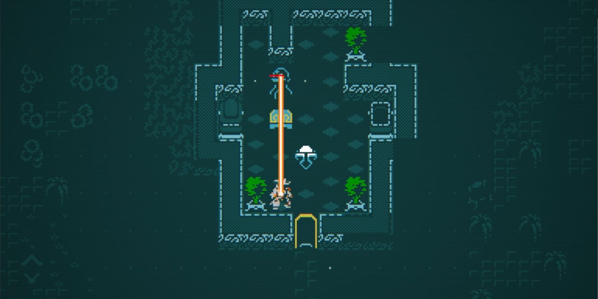 A retro-style dungeon crawling environment made of extended ASCII assets, showing a room with a few green trees and an enemy firing an orange laser beam at the player.