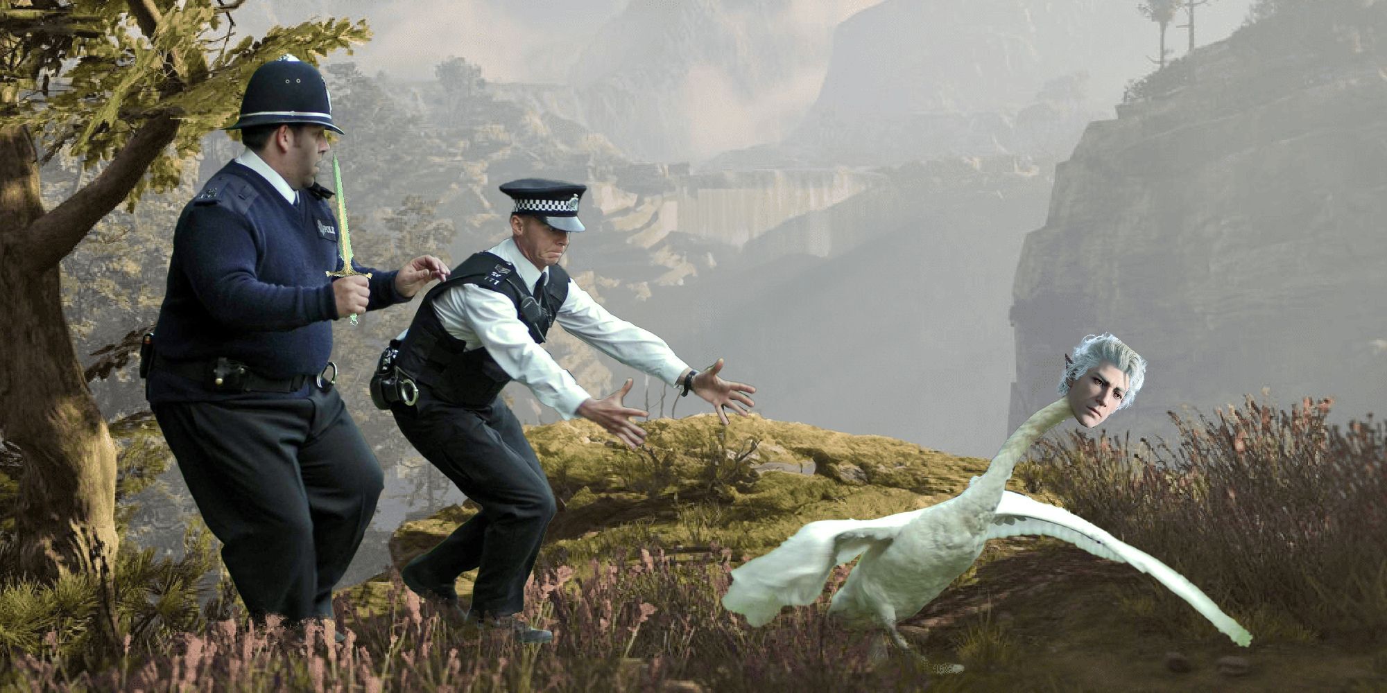 The cops from Hot Fuzz chasing a swan in Baldur's Gate 3 except the swan has Astarion's head