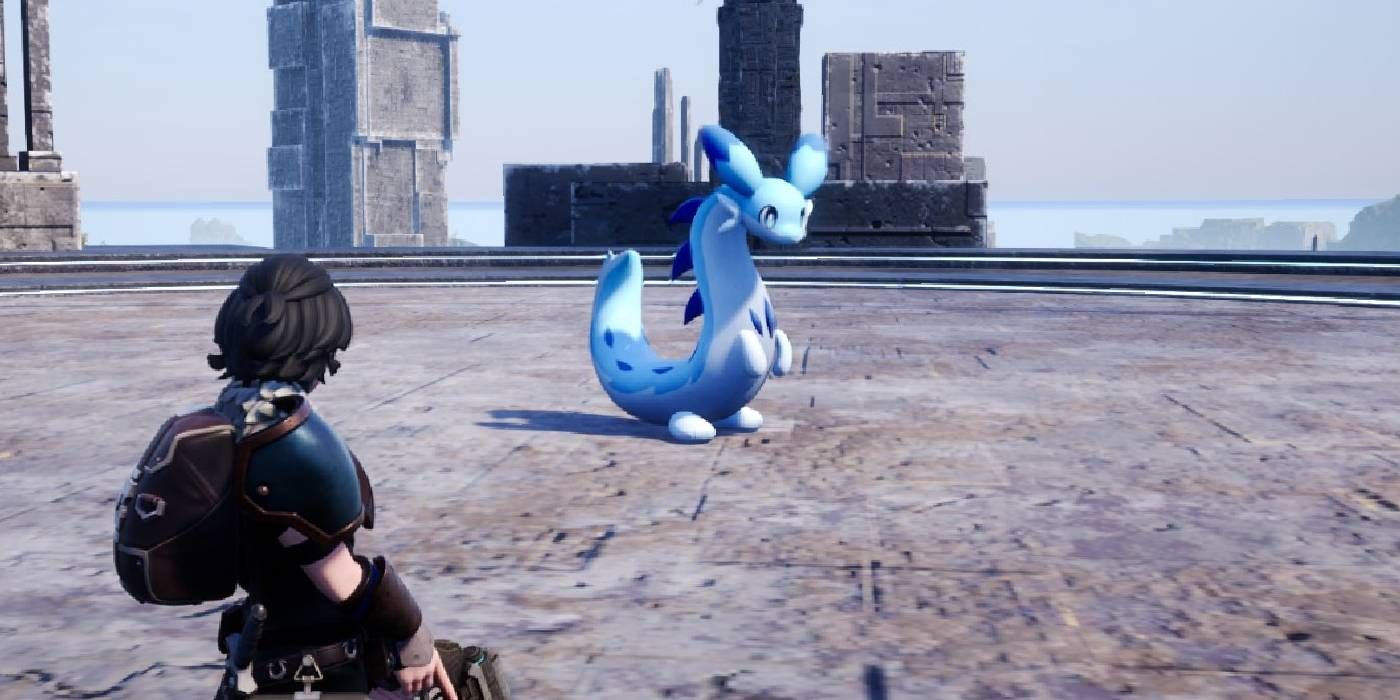 Palworld: Chillet, a serpentine blue dragon walking on two legs as the player character looks at it