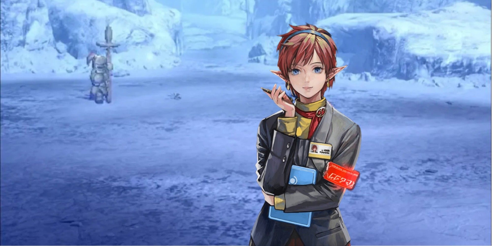 A hand drawn portrait of Chisato against the backdrop of a snow covered battlefield