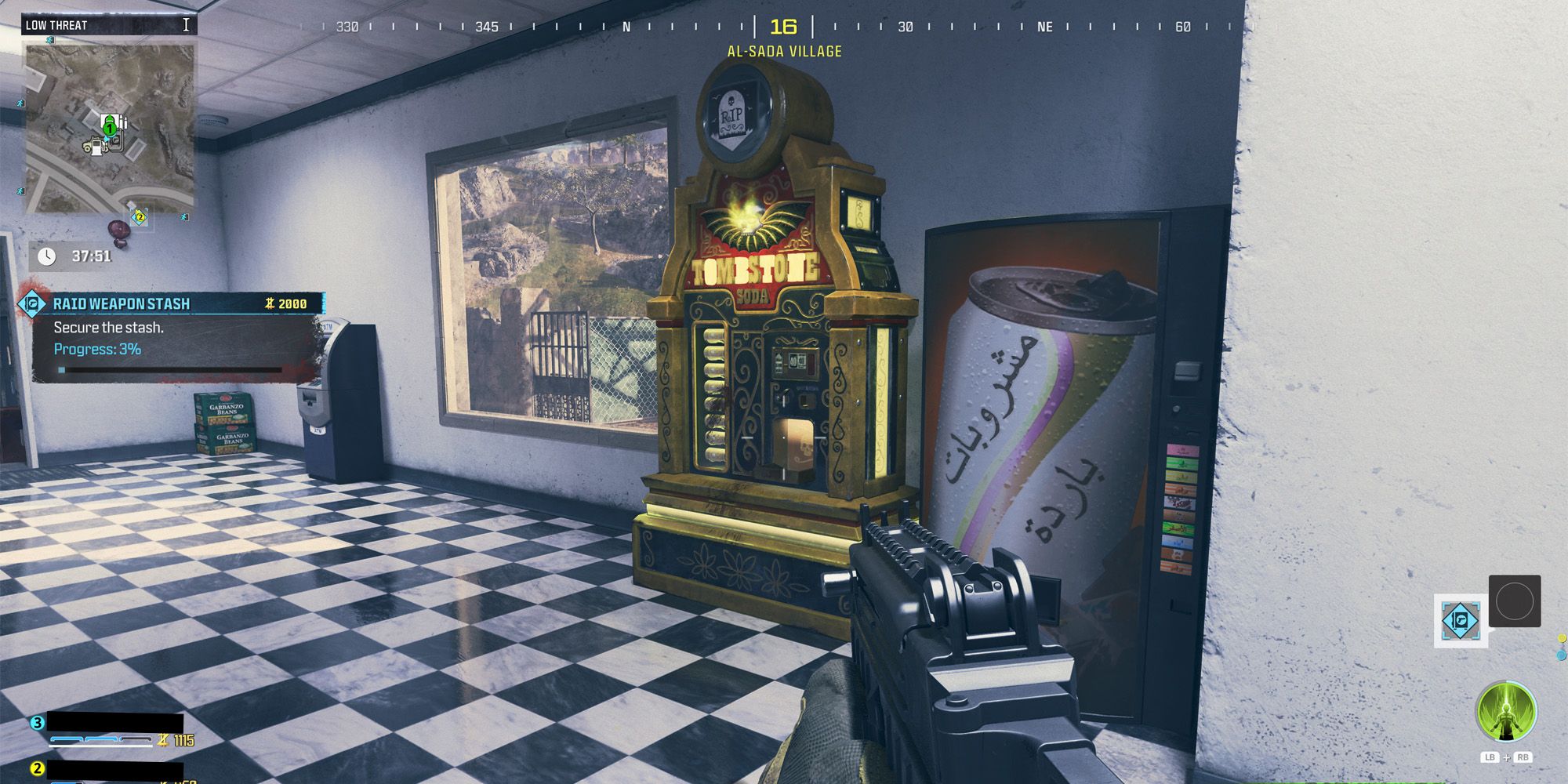 The tombstone machine inside of a building with black and white checkered flooring.