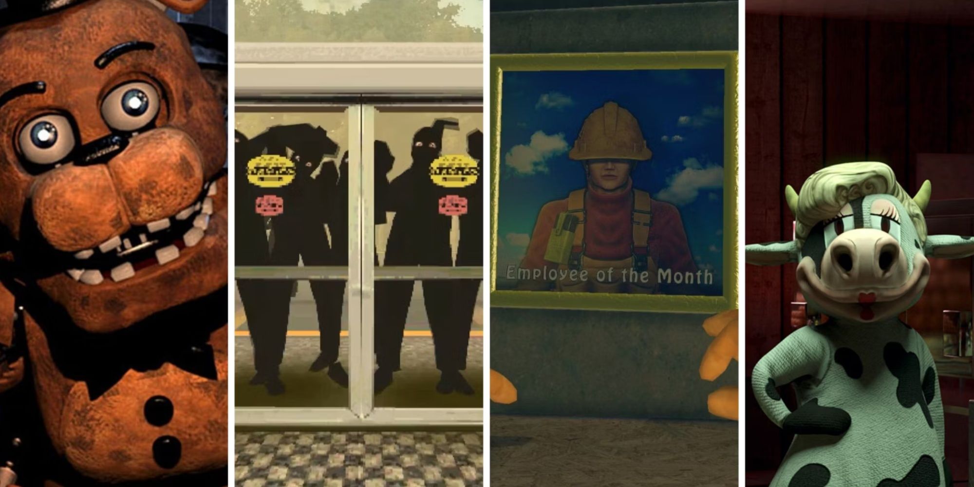 Collage featuring Freddy Fazbear, Consumers from Night Of The Consumers, an Employee Of The Month award from Viscera Cleanup Detail, and Happy Heifer from Happy's Humble Burger Farm.