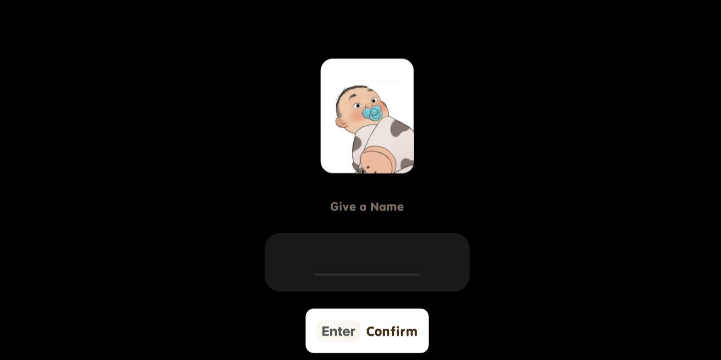 Coral Island: An image of the screen where you can name your baby